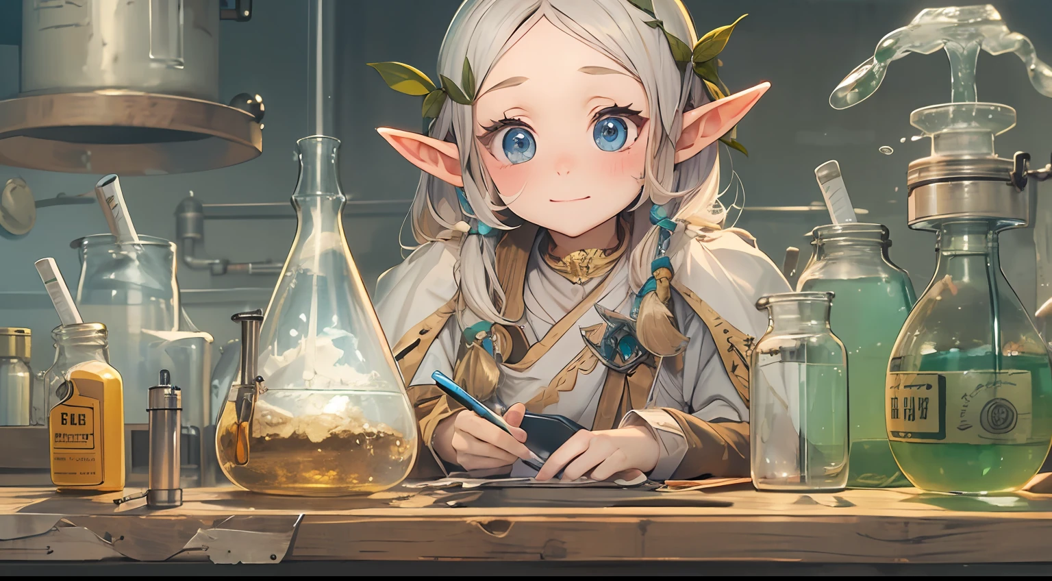 Realistic hand drawn style with cute elf characters、Conducting chemical experiments