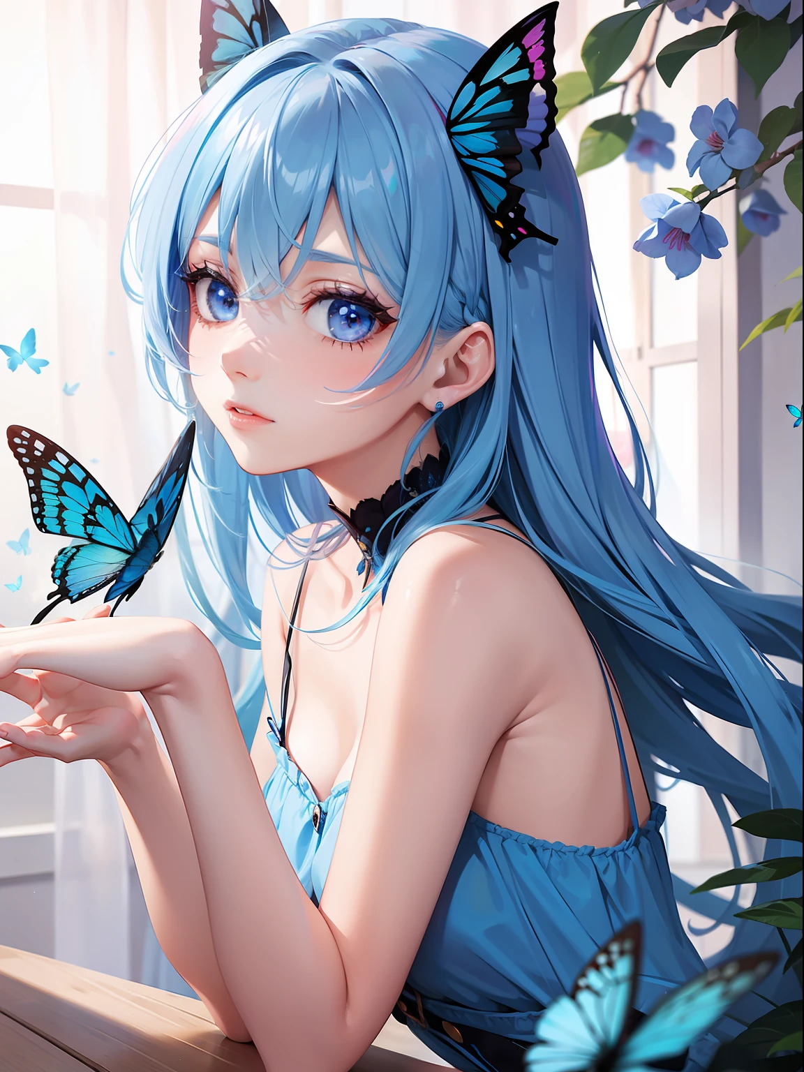 a women, blue butterfly, blue hair, pink eyes, blue dress