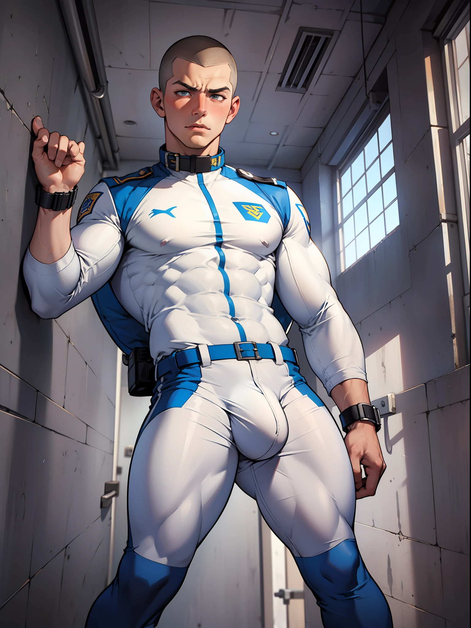 (((1boy))), ((toned)), full body, buzzcut, young, young_boy, hypnotized, dick_out, boner, big_erect_cock, wearing translucent white hero uniform, boner, big bulge, sexy, blushing, drooling, shirts open, standing at attention, hands tied back, wearing dog collar, expression of Intense ecstasy, dick_shape through tight pants