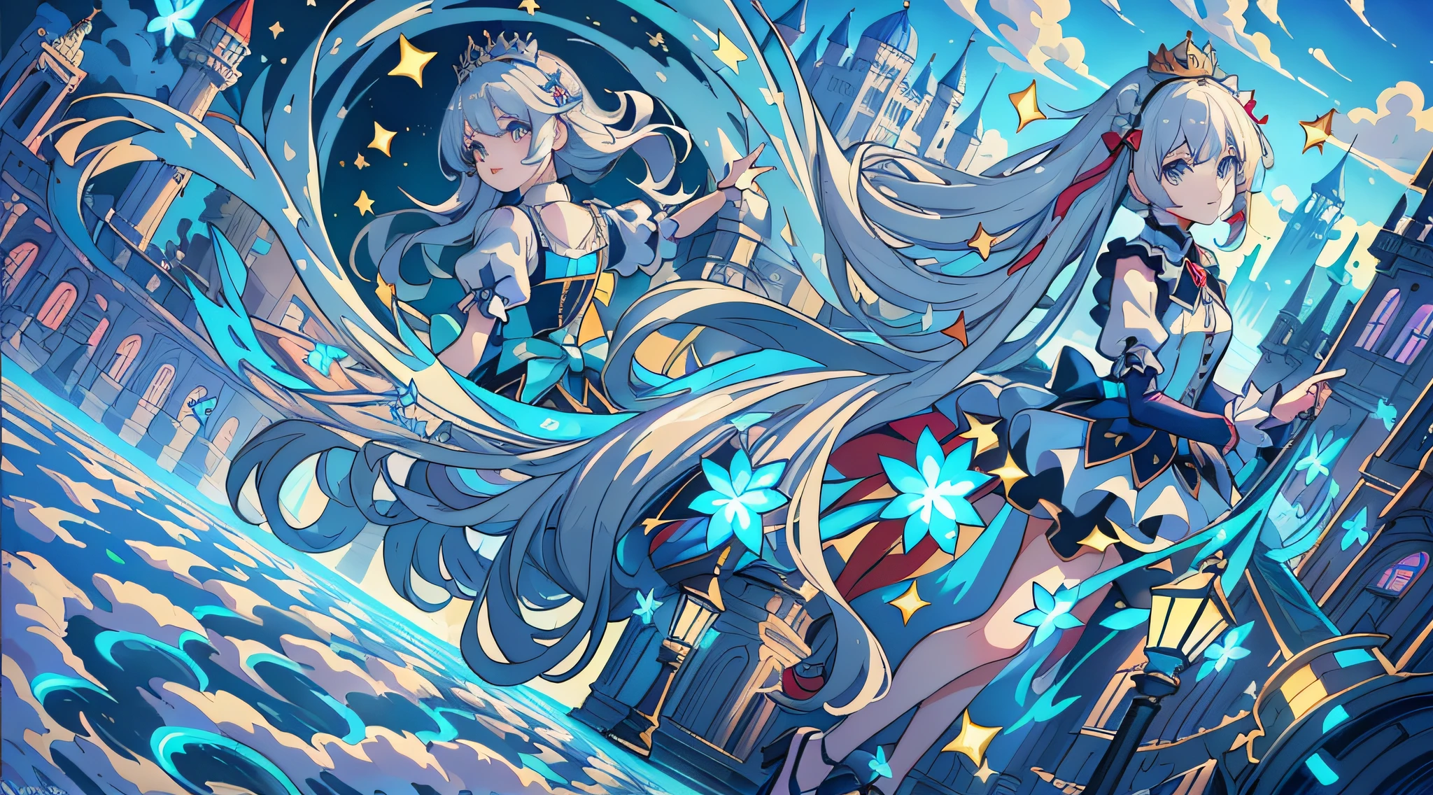 Anime girl with long hair and sword in front of the castle, Anime art wallpaper 8 K, Anime art wallpaper 4 K, Anime art wallpaper 4k, Splash art anime Loli, style of anime4 K, high detailed official artwork, Best anime 4k konachan wallpaper, Anime fantasy artwork, Anime fantasy illustration, Official artwork, trending on artstation pixiv