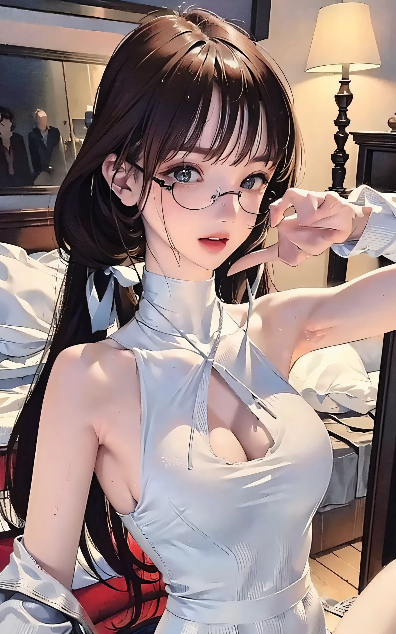 masterful, Ultra high quality, (Realistic, Photorealistic), Instagram (Photorealistic, high resolution: 1.4), Beauty, Japan person, (Beautiful face: 1.4), (Big, Slender, constricted waist), Medium hair, on the bed, Bokeh, Beautiful light, Glossy glossy skin, Small head, full bodyesbian, Light Blue Sexy Lingerie, spellbinding, Sexy pose, Solo,brightly。one-girl,circle glasses,Tattooed with, One-piece turtleneck white sleeveless sweater, Long white cotton socks, The lips are slightly open, Red-faced, Wet hair,Sweat all over the body,karst landscape,Karst cave,crisp breasts, Convex buttocks, Grab your chest with both hands,Detailed background, Clothing details, perfectly proportioned, Multiple perspectives,tmasterpiece, high detal, high qulity, A high resolution, 8K, Textured skin, Super detail,cleavage