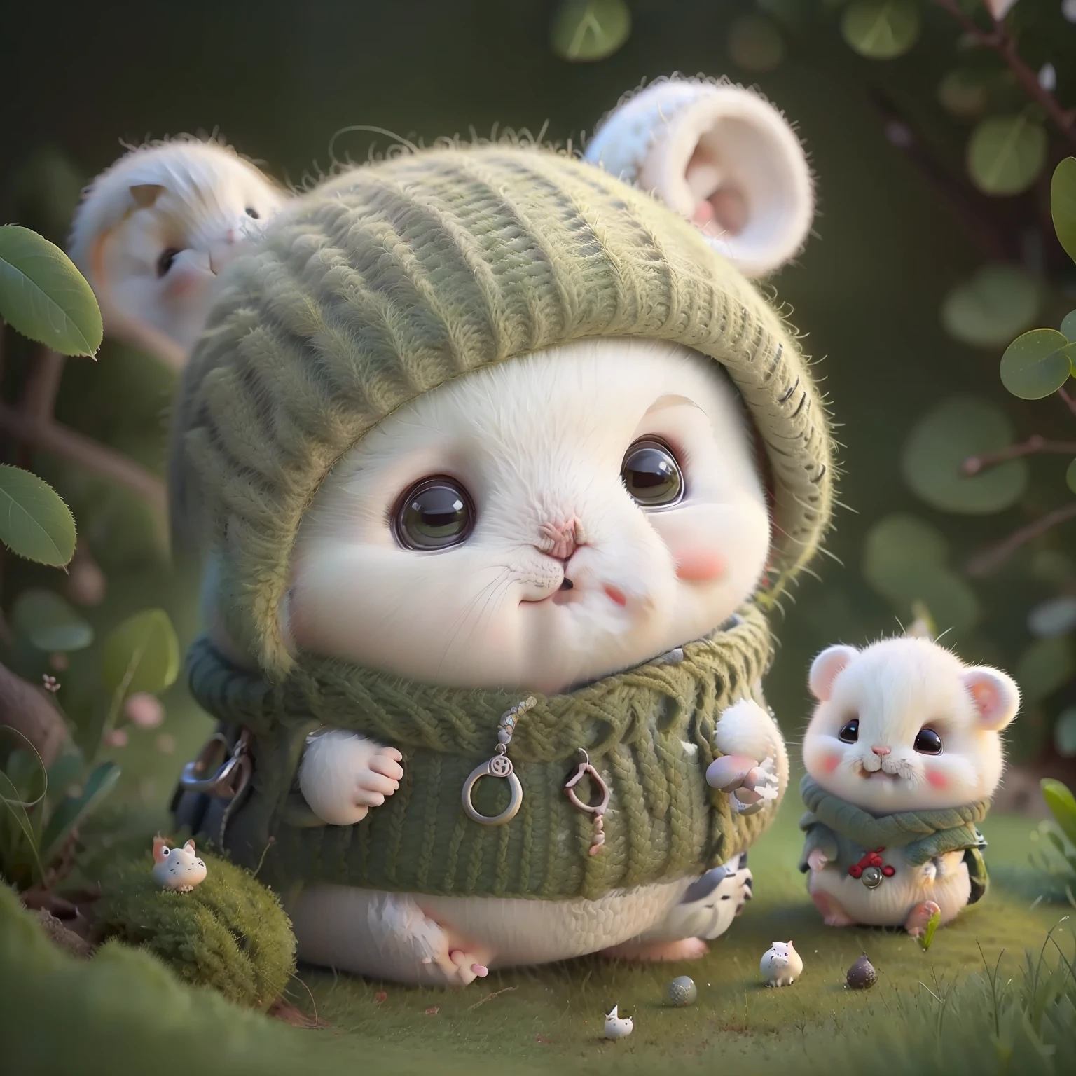(Adorable+Chubby+plump+Fluffy) Hamster pequeno pequeno, Sit on the (Green+fresh) Grass, Wearing (Cute+Red) Hood, Lovely face and (Innocent+inquisitive) expression.