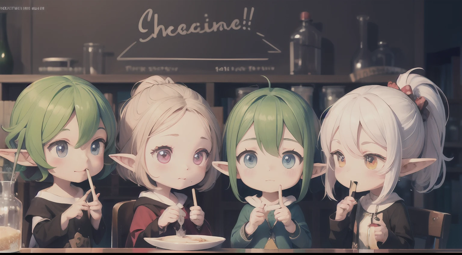 Realistic hand drawn style with cute elf characters、Conducting chemical experiments