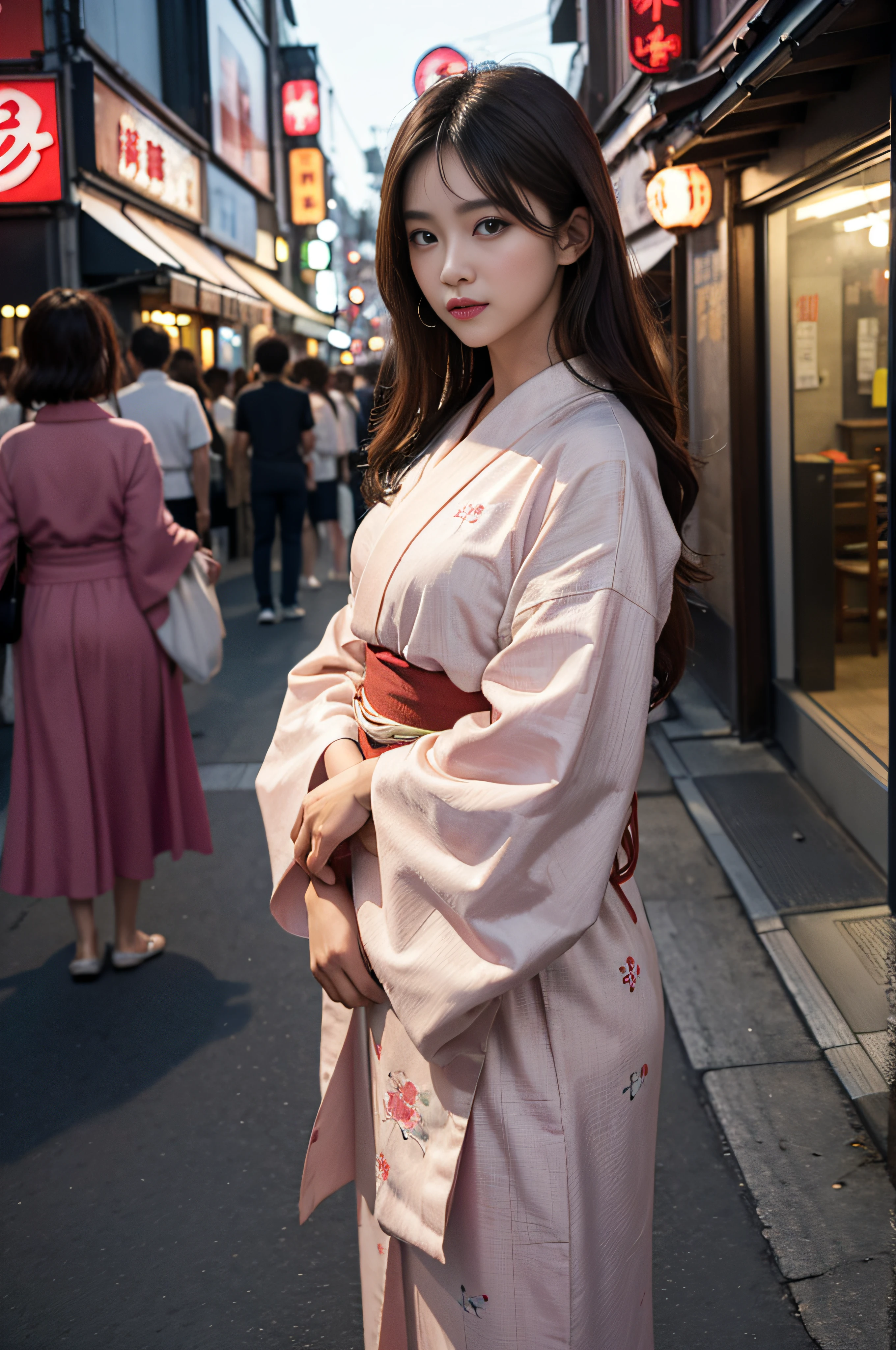 (8K、top-quality、masterpies:1.2)、Cinematic lighting、Brown hair、Hair collection、26-year-old beauty with half-Chinese Japan wearing yukata、1girl in、Streets of Tokyo、Summer evening、A city scape、Brown hair that looks good in a yukata、F1.8、The upper part of the body、a closeup、8K、Raw photography、top-quality、masterpiece、realisitic、Photorealsitic、