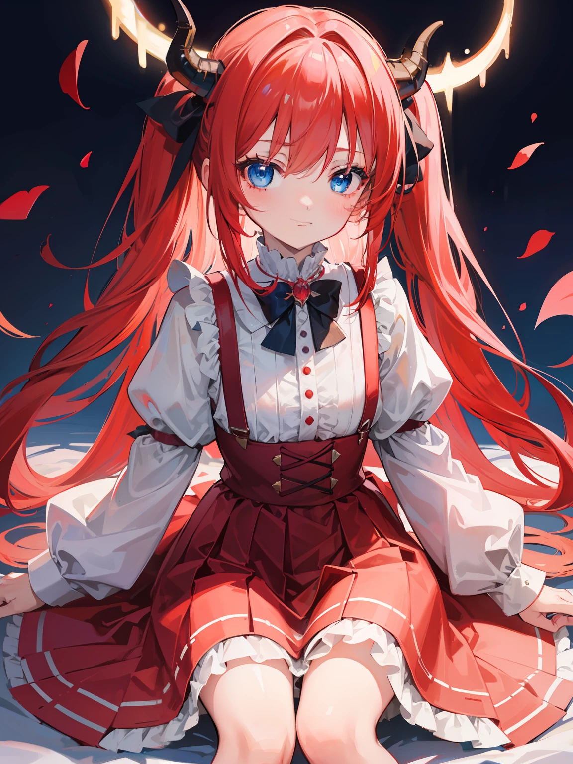 {{best quality}}, {{masterpiece}}, {{ultra-detailed}}, {illustration}, {detailed light}, red hair,blue eyes,twintails,lolita,Suspenders skirt,Fantastic,loli,solo,Dragon horns,little girl,long hair