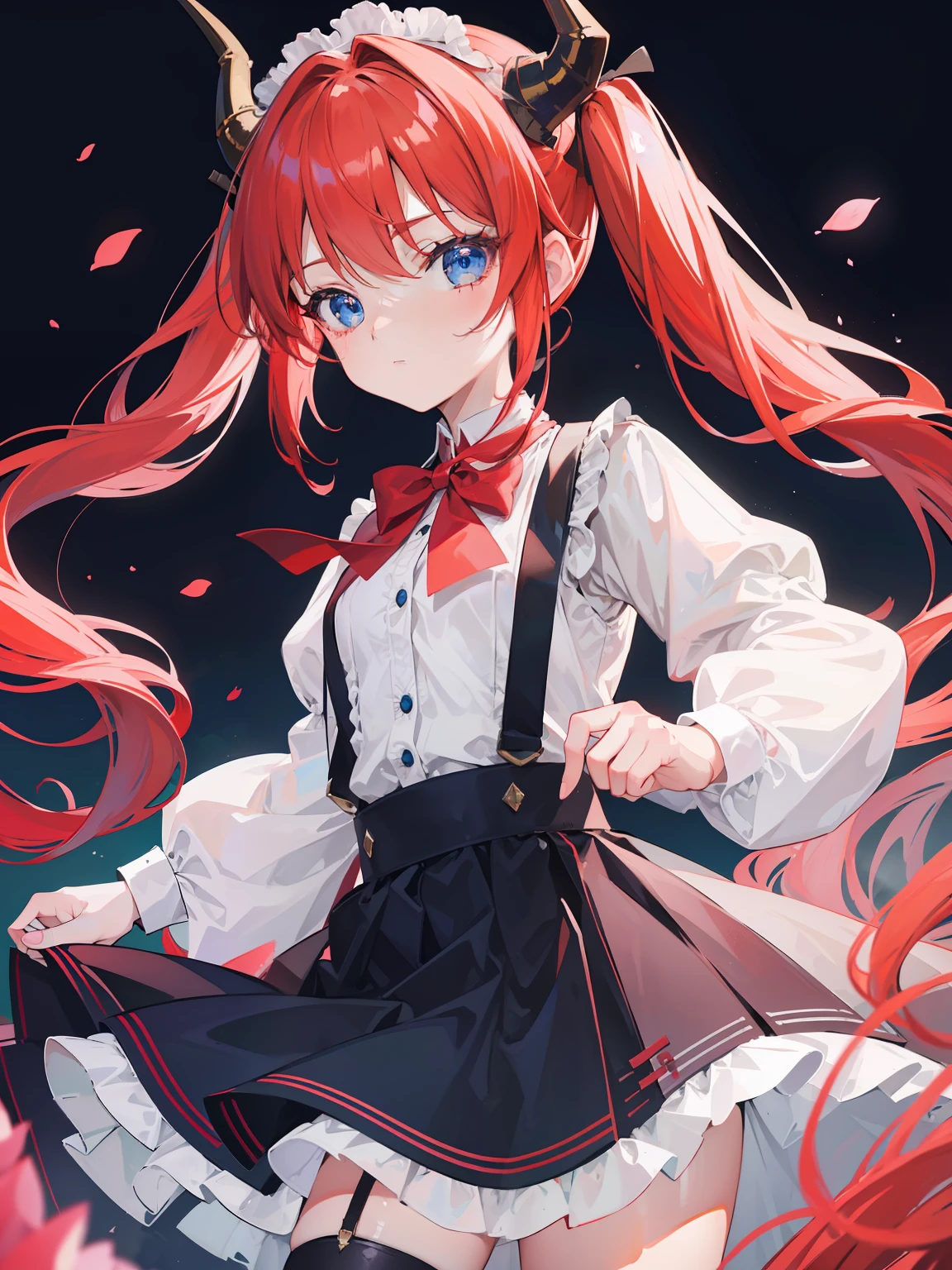 {{best quality}}, {{masterpiece}}, {{ultra-detailed}}, {illustration}, {detailed light}, red hair,blue eyes,twintails,lolita,Suspenders skirt,Fantastic,loli,solo,Dragon horns,little girl,long hair