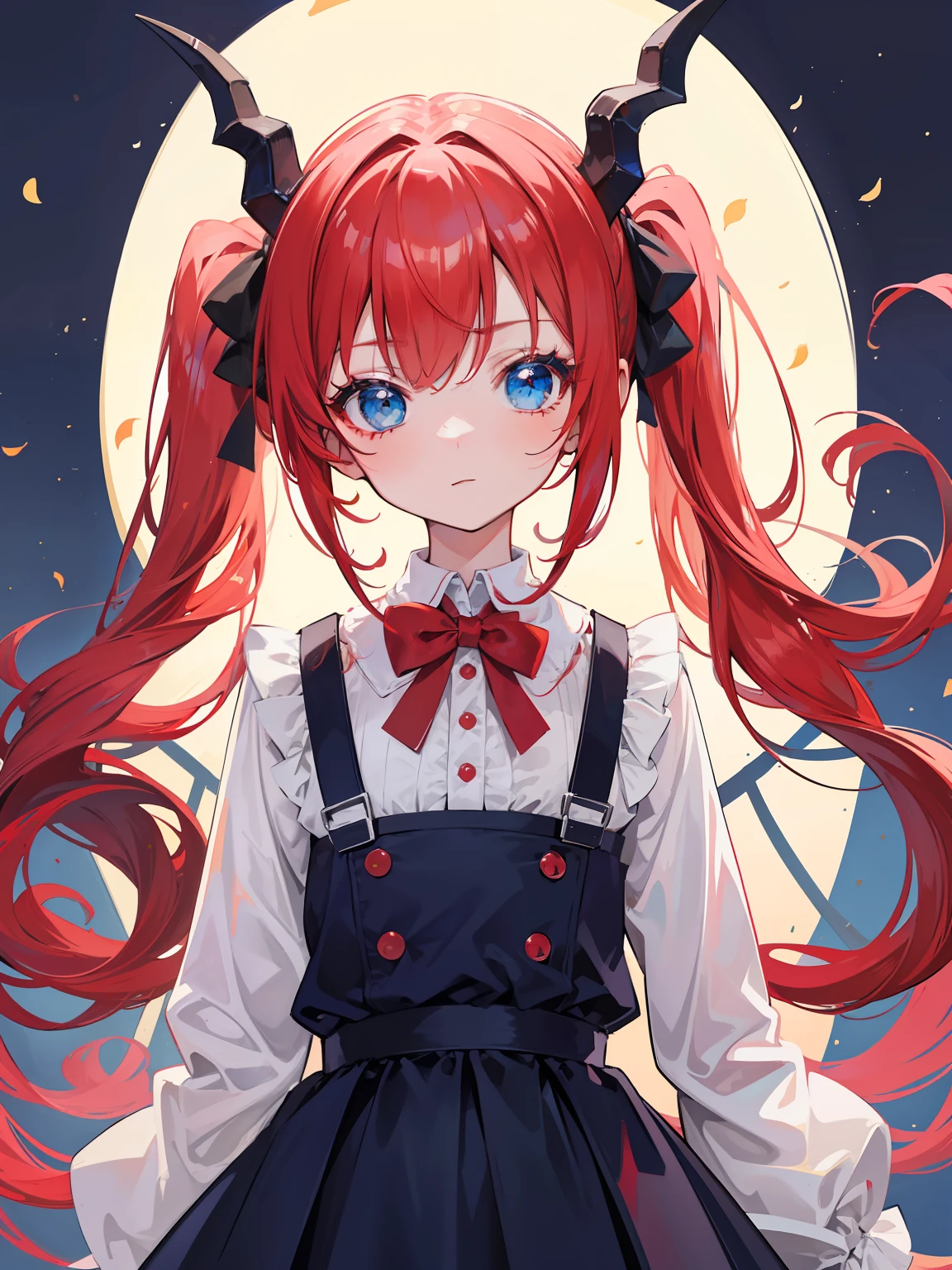 {{best quality}}, {{masterpiece}}, {{ultra-detailed}}, {illustration}, {detailed light}, red hair,blue eyes,twintails,lolita,Suspenders skirt,Fantastic,loli,solo,Dragon horns,little girl,long hair