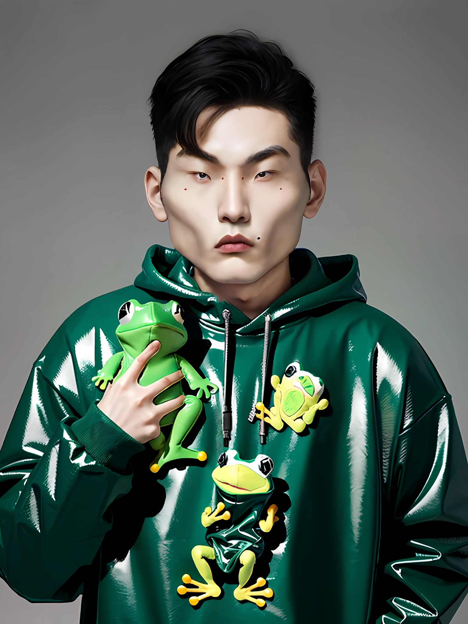 A Chinese male high school student，Wear a green PVC sweatshirt，A frog puppet in his hand，Portray the details