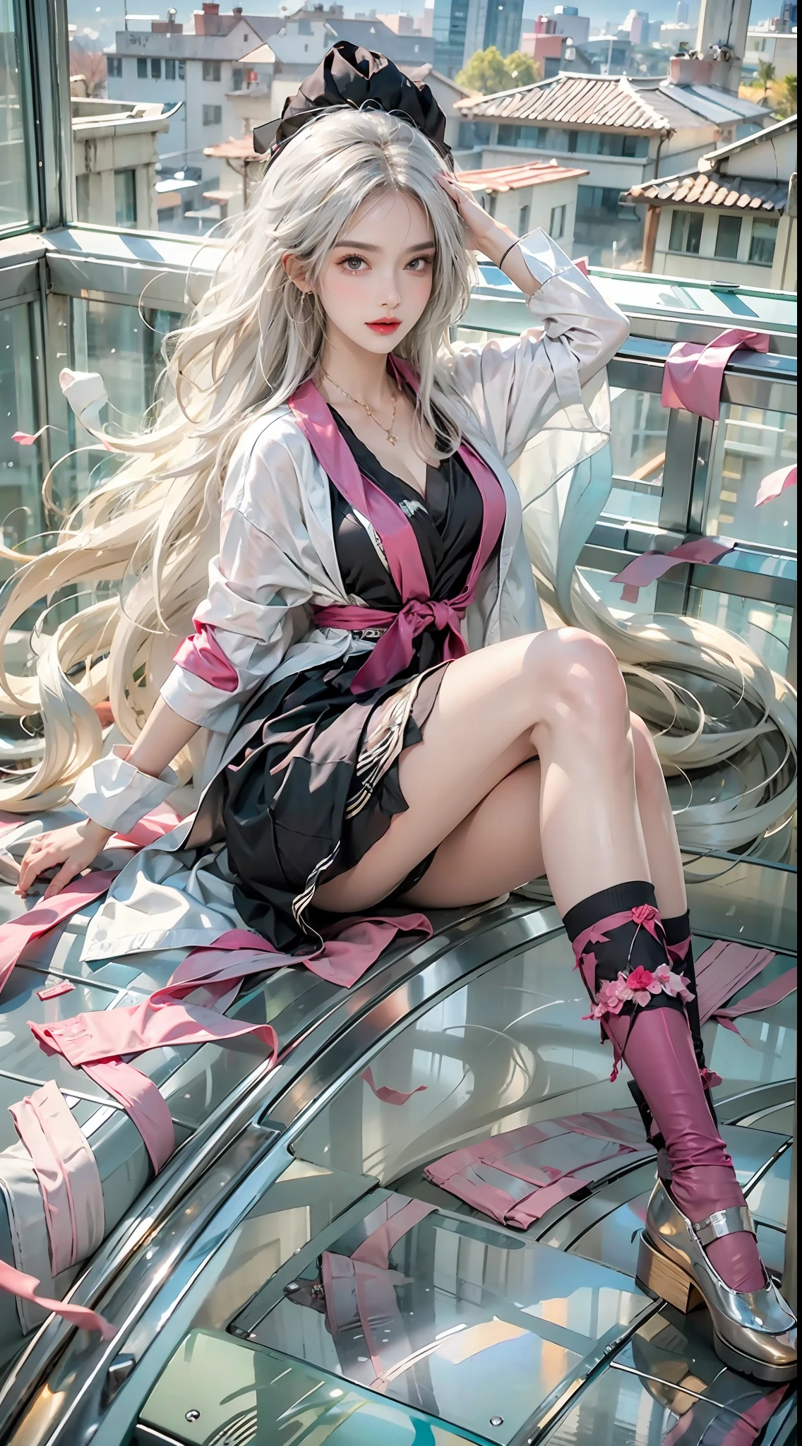 Photorealistic, high resolution, 4K，hyper HD，Top image quality，Beautiful woman, Face texture detail 1.2，Solo, view the viewer, (Detailed face), White hair, Long hair, colorful robes,JK school uniform， Large breasts，cleavage，Emerald necklace，Long blonde hair scattered，ssmile，Full body photo 1.3，Thin leg，black over-the-knee socks，legs focus