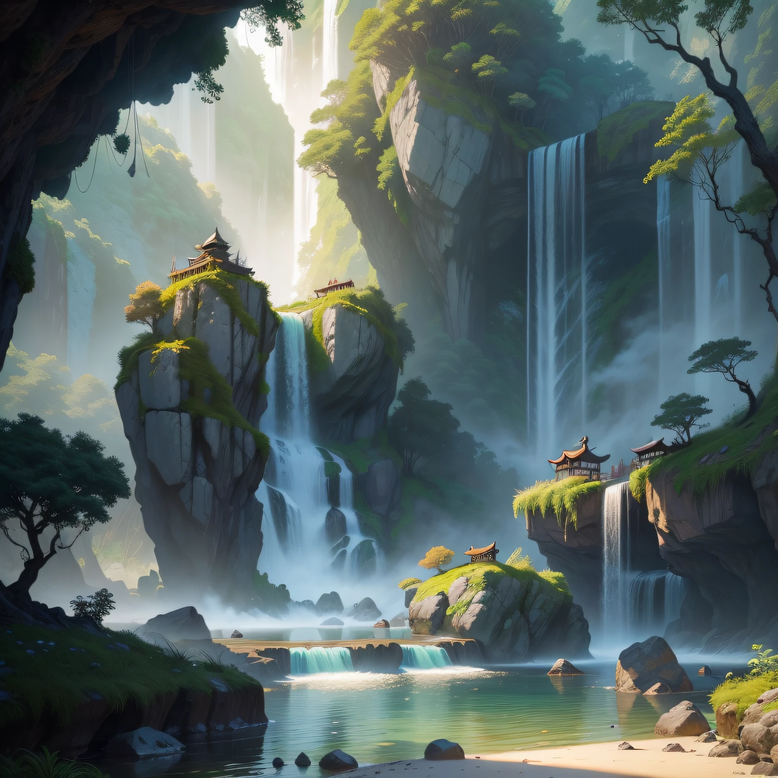 Chinese ancient times, spring, jungle, lake, cave, waterfall, tree, meadow, rock, deer, hot spring, water vapor, (illustration: 1.0), epic composition, realistic lighting, HD details, masterpiece, best quality, (very detailed CG unified 8k wallpaper)