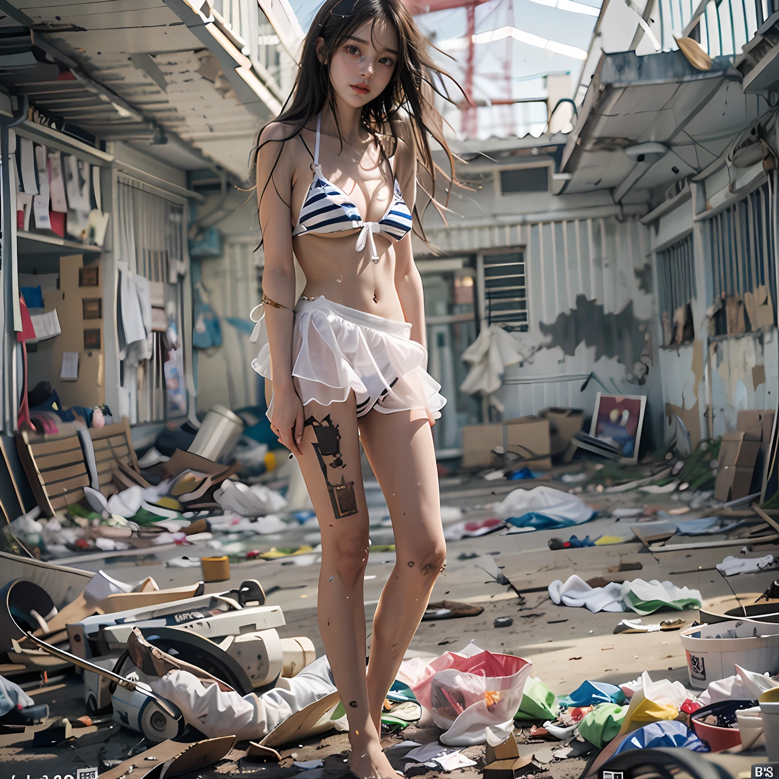 Abandoned schools，Sexy standing pose，White transparent bikini，Exposing the genitals ，Garbage all over the ground，Dilapidated，Devastated，best qualtiy，full-body portraits（1：1），18 years old girls，lean and slender body，Skinny，Smaller bust，The barefoot，Leaky ，Leakage of all breasts，Naked all over the body