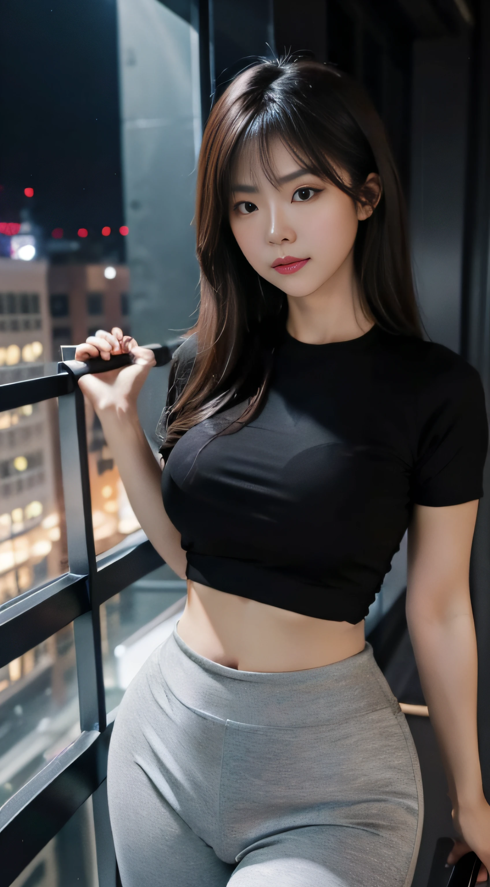 A Chinese woman on the rooftop of the top floor of a tall building at night, fluffy hair, delicate face, bright, real girl, large aperture, wearing gray tight yoga pants and trousers, wearing a black yoga shirt, short-sleeved yoga shirt, alphabet yoga shirt, open belly, close shot, plump, slightly fat, standing, frontal shooting, very plump,