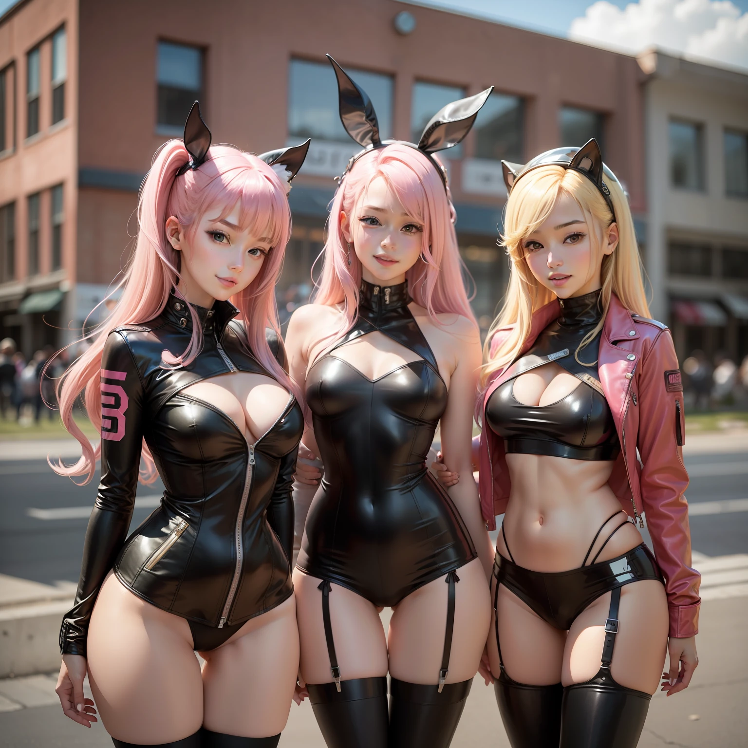 harems Multiple girls are depicted a smile a blond Pink hair leather jackets top-quality masterpiece 超A high resolution Bodysuits