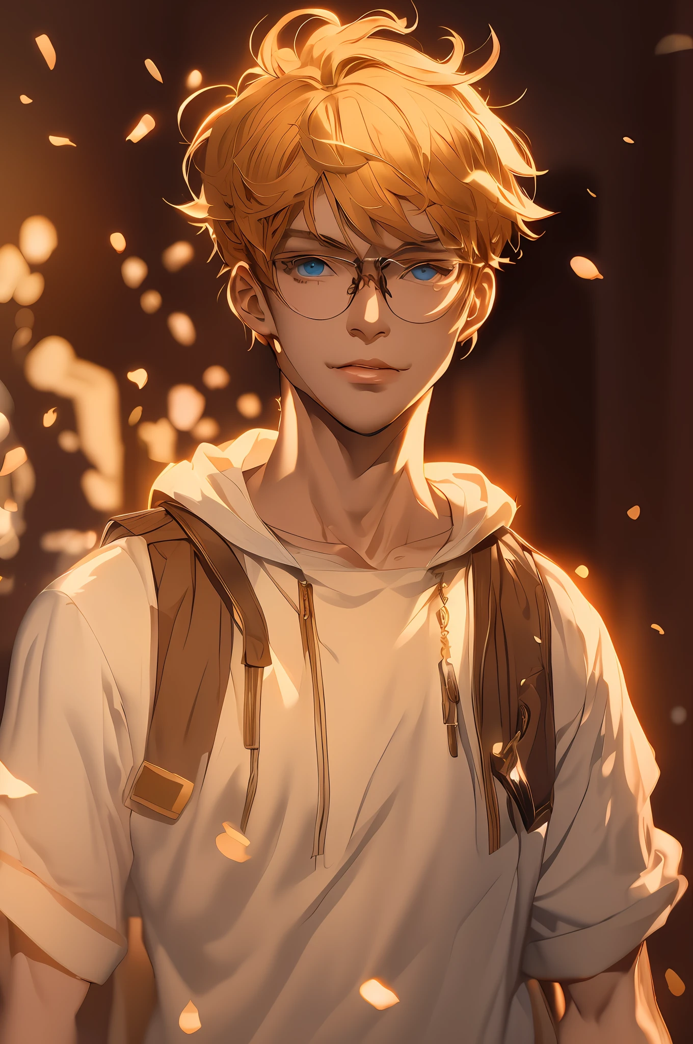 anime boy with blonde hair and glasses standing in front of a fire, orange - haired anime boy, tall anime guy with blue eyes, persona 5 art style wlop, artwork in the style of guweiz, anime style 4 k, young anime man, zerochan art, made with anime painter studio, painted in anime painter studio, handsome guy in demon slayer art