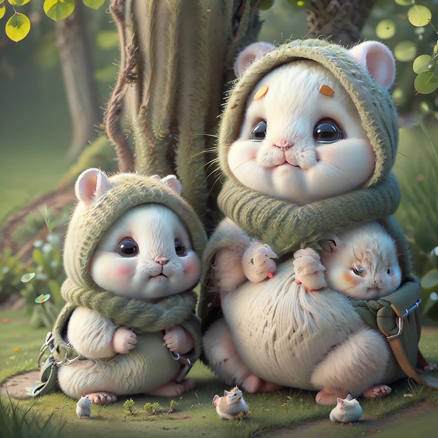 (Adorable+Chubby+plump+Fluffy) Hamster pequeno pequeno, Sit on the (Green+fresh) Grass, Wearing (Cute+Red) Hood, Lovely face and (Innocent+inquisitive) expression.