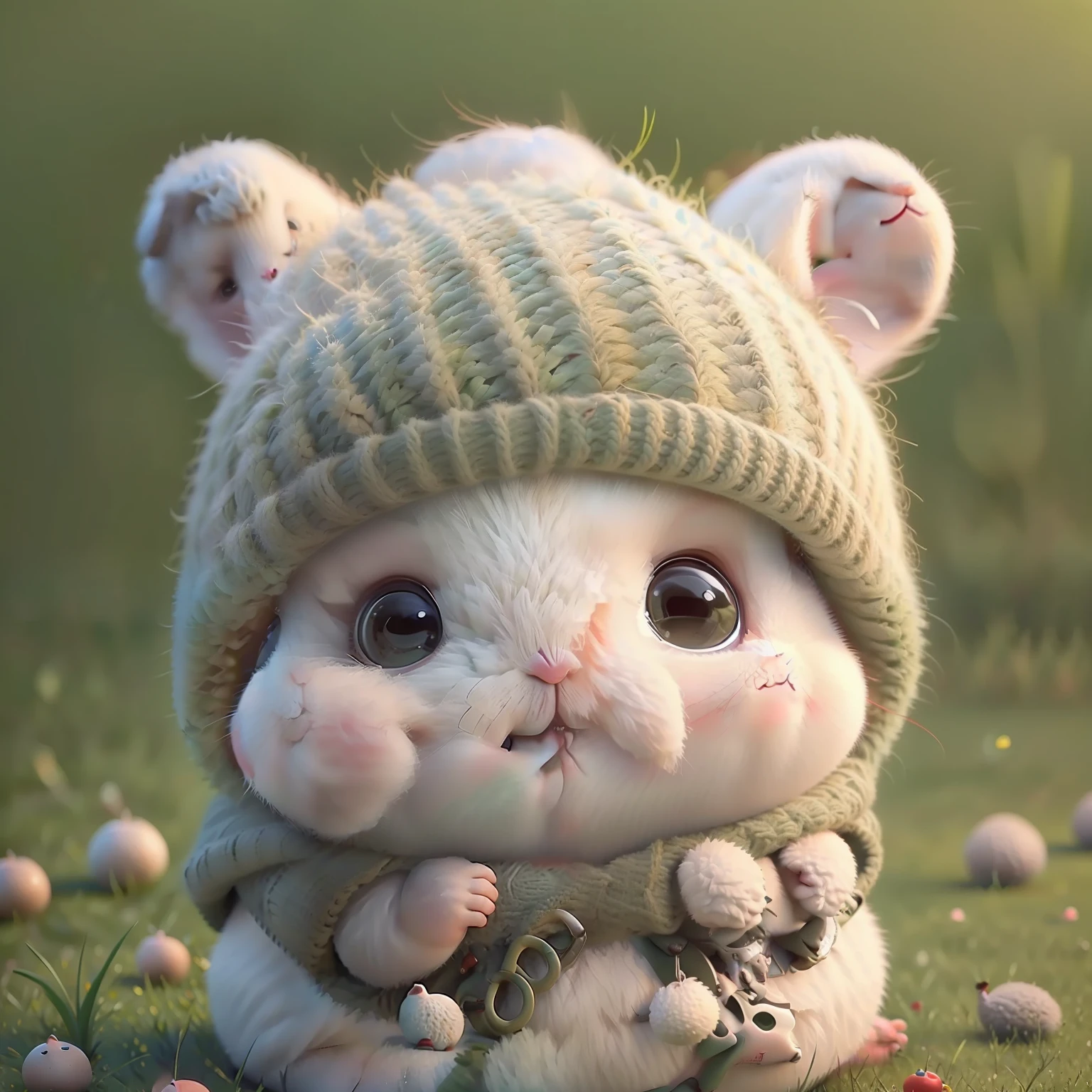 (Adorable+Chubby+plump+Fluffy) Hamster pequeno pequeno, Sit on the (Green+fresh) Grass, Wearing (Cute+Red) Hood, Lovely face and (Innocent+inquisitive) expression.
