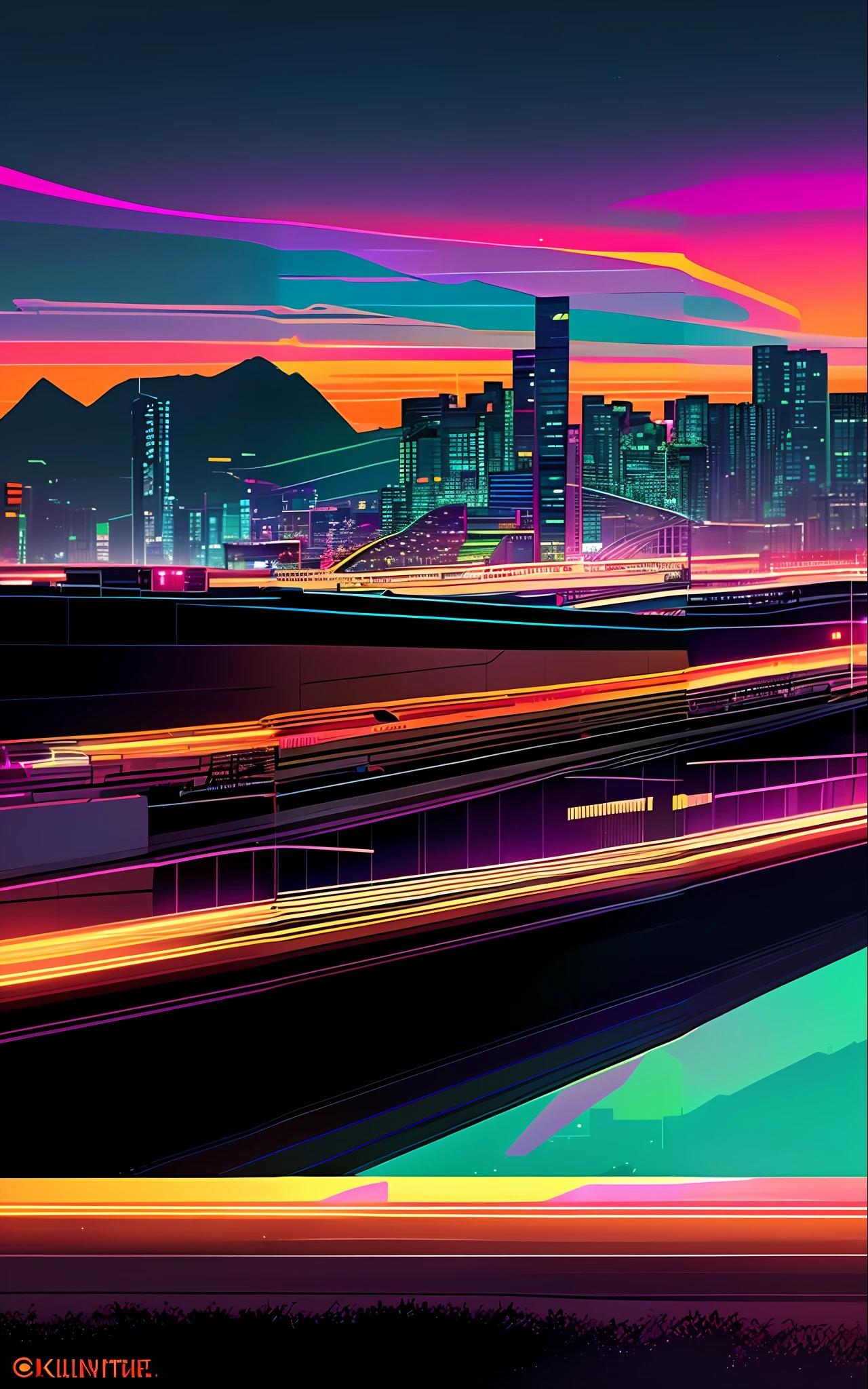 With the brightly lit city skyline、Trains passing by at night, neon lines, Kilian en vivid colors, Killian English Bright Colors, Vibrant city lights, bastien grivet, art deco outrun anime aesthestic, ultra-detailed digital art, retrowave art, epic retrowave art, masterpiece epic retrowave art, Neon City, neon tokyo