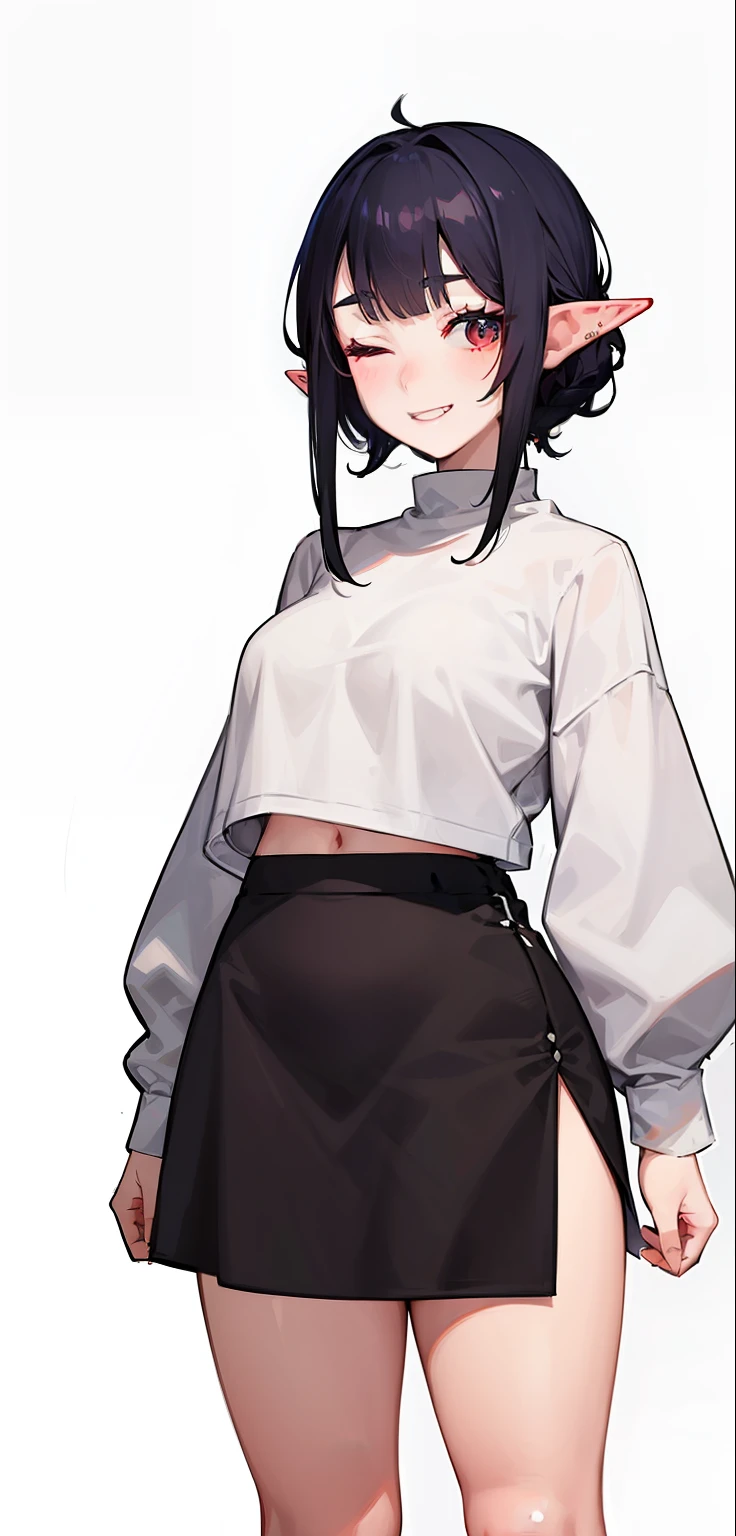 1 Girl, eyes closed, nose, elf ear, eyebrow, smiling, teeth, big red hair, black hair ends, bangs, hair between eyes, lora:add_detail, short sweatshirt on belly, short skirt, slim waist, belly , big chest, thick legs, big thigh, standing