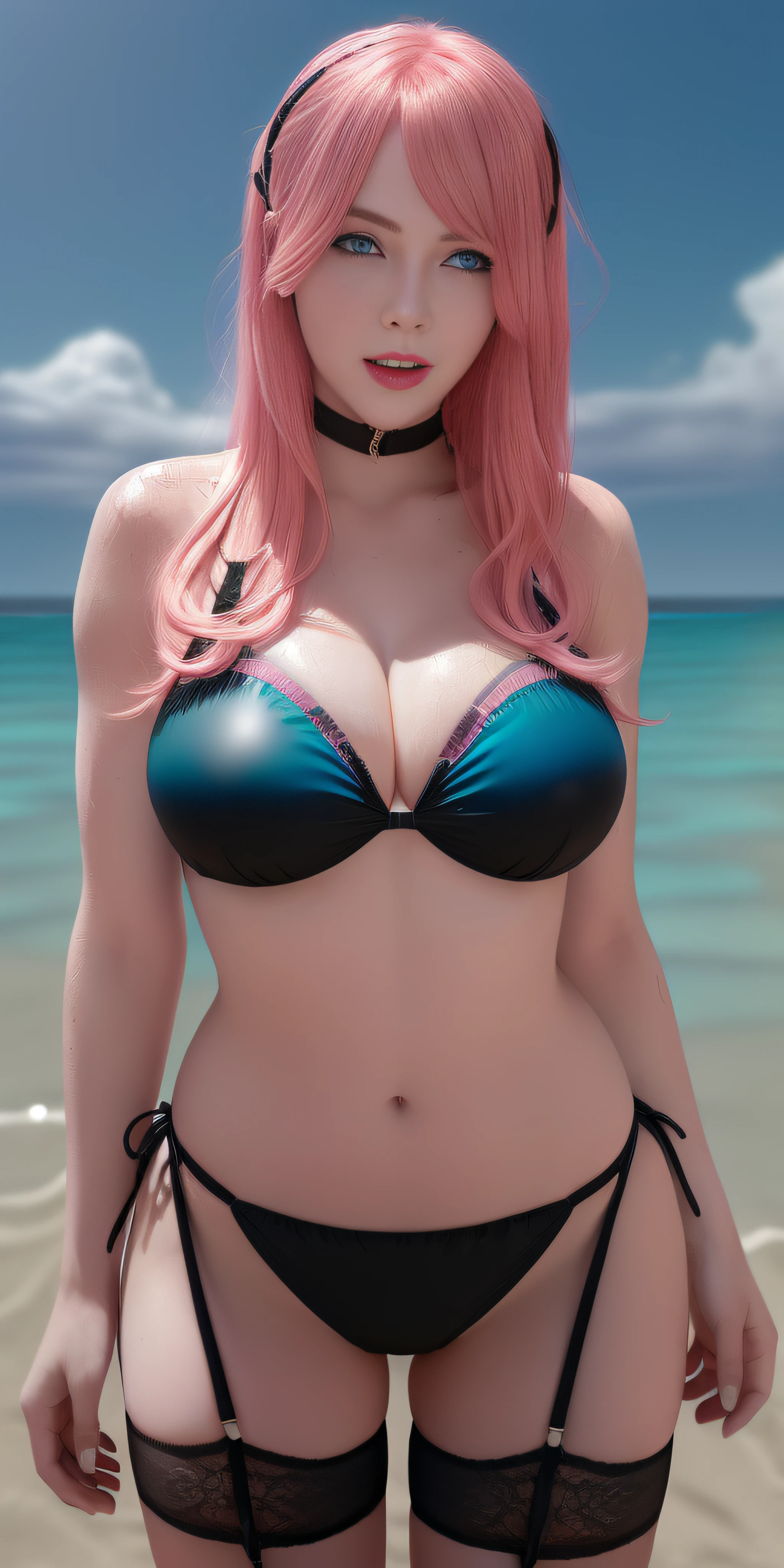 (spoiled:1),(beady big shining blue eyes:1.3), ( black bikini:1.5),(drooping eyes:1.4), (beautiful beach:1.9), (thin lips:1.5),(big breasts:1.5),round face,(innocent:1.5),(pink hair:1.5), (looking at viewer:1),(smiling:1.3),(happy:1.2),lovely,( black garter belt:1.5),(1girl),(open mouth:1.4),(delicate touch),(8k),(4k),(absurdres),perfect lighting,charming,realistic,sexy pose, alluring, clean, beautiful face, pure face,pale skin,wet, sweat, Occidental face