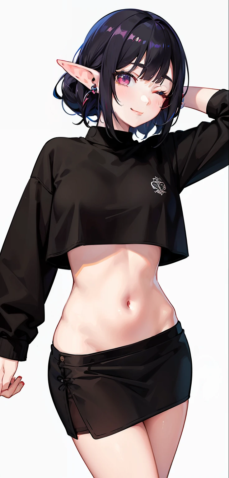 1 Girl, eyes closed, nose, elf ear, eyebrow, smiling, teeth, big red hair, black hair ends, bangs, hair between eyes, lora:add_detail, short sweatshirt on belly, short skirt, slim waist, belly , big chest, thick legs, big thigh, standing