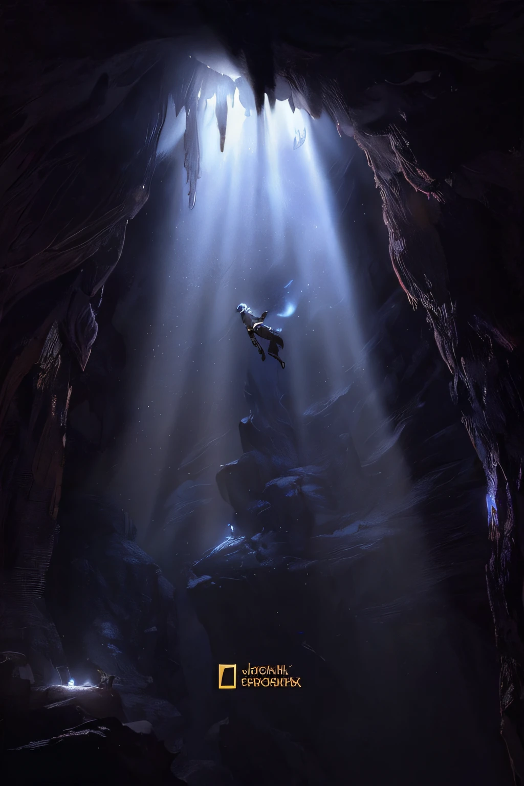 a person in a cave with a light coming from the ceiling, cave exploration, dramatic lighting. concept art, jessica rossier fantasy art, by jessica rossier, craig mullins dappled lighting, inspired by jessica rossier, photorealistic dark concept art, inspired by Michał Karcz, inspired by Michal Karcz, bastien grivet