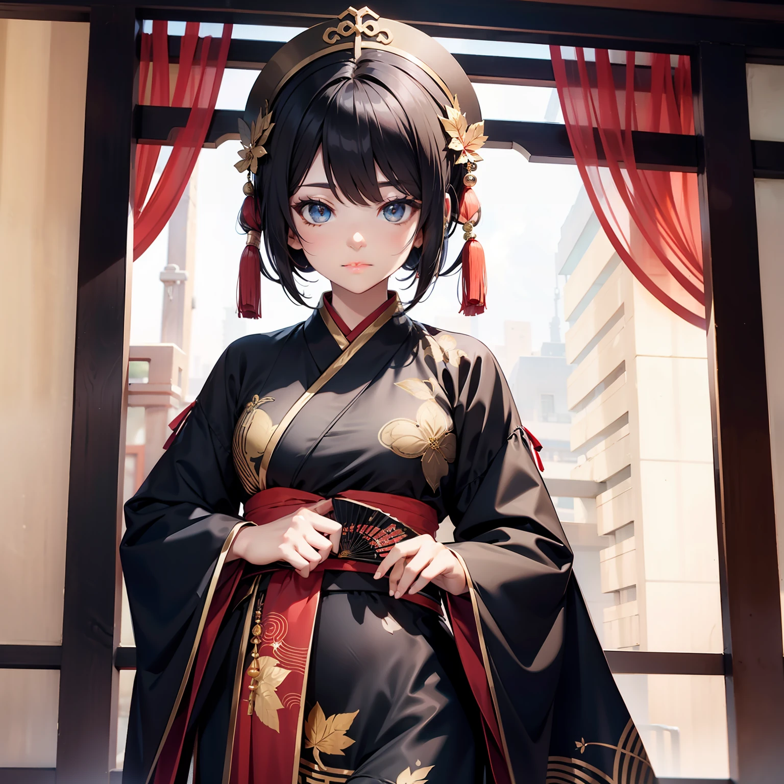 black hanfu dress with gold cloud AND leaf pattern, black chinese fan, red under dress, one male,