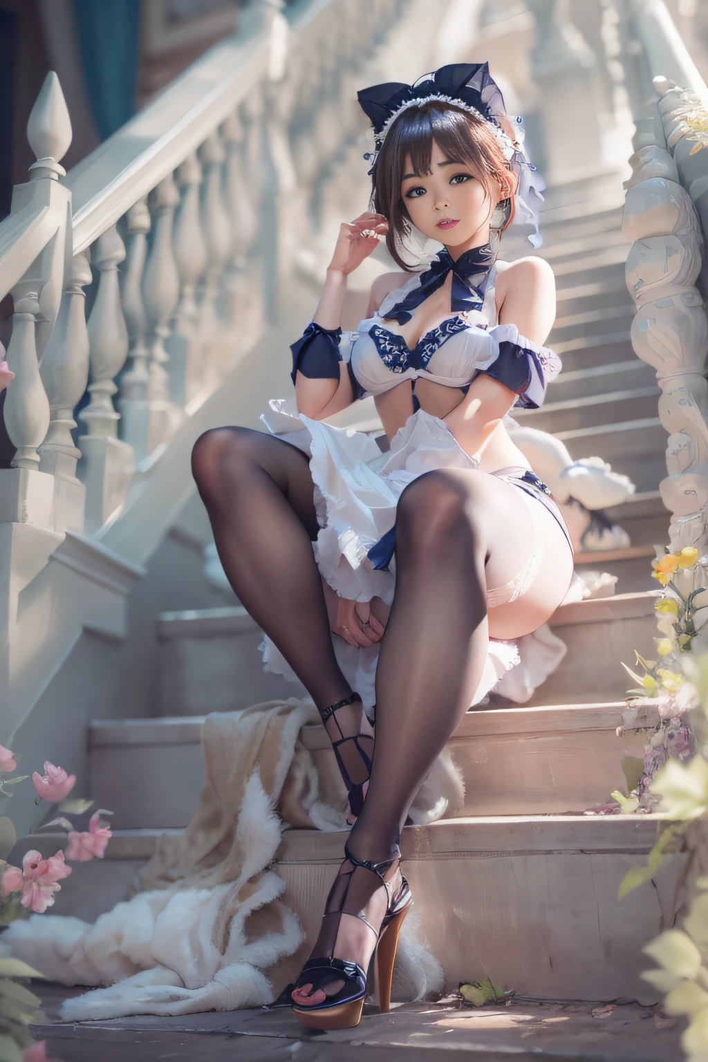 Beautiful goddess with perfect body shape、Best looks、eyes with brightness、glistning skin、seducting smile、masterpiece、maid clothes、dynamicposes、Thin leg、thin、(tmasterpiece:1.2)、8K HD wallpapers、royal sister、Delicate makeup、 delicated face、Leg stockings、high-heels、long legged、fullllbody、Seductive look。