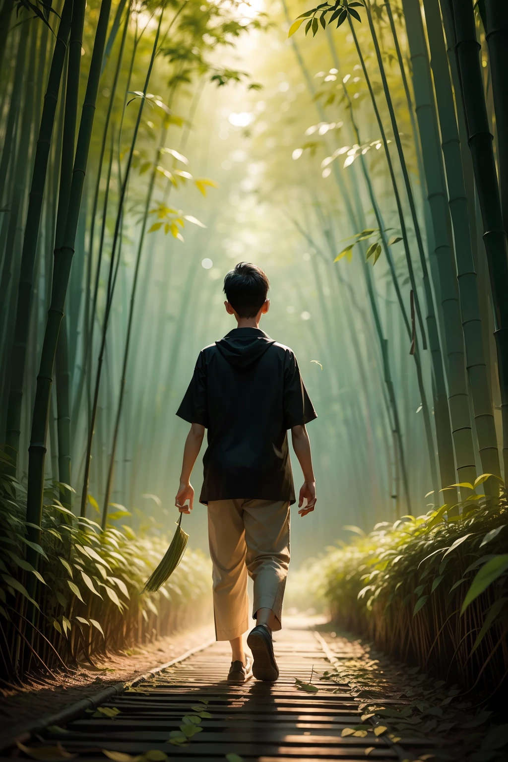 A young boy with，Walk in a secluded bamboo forest，illustration，the night，Fireworms dance in the wind，Bamboo leaves fall around paper_cut，