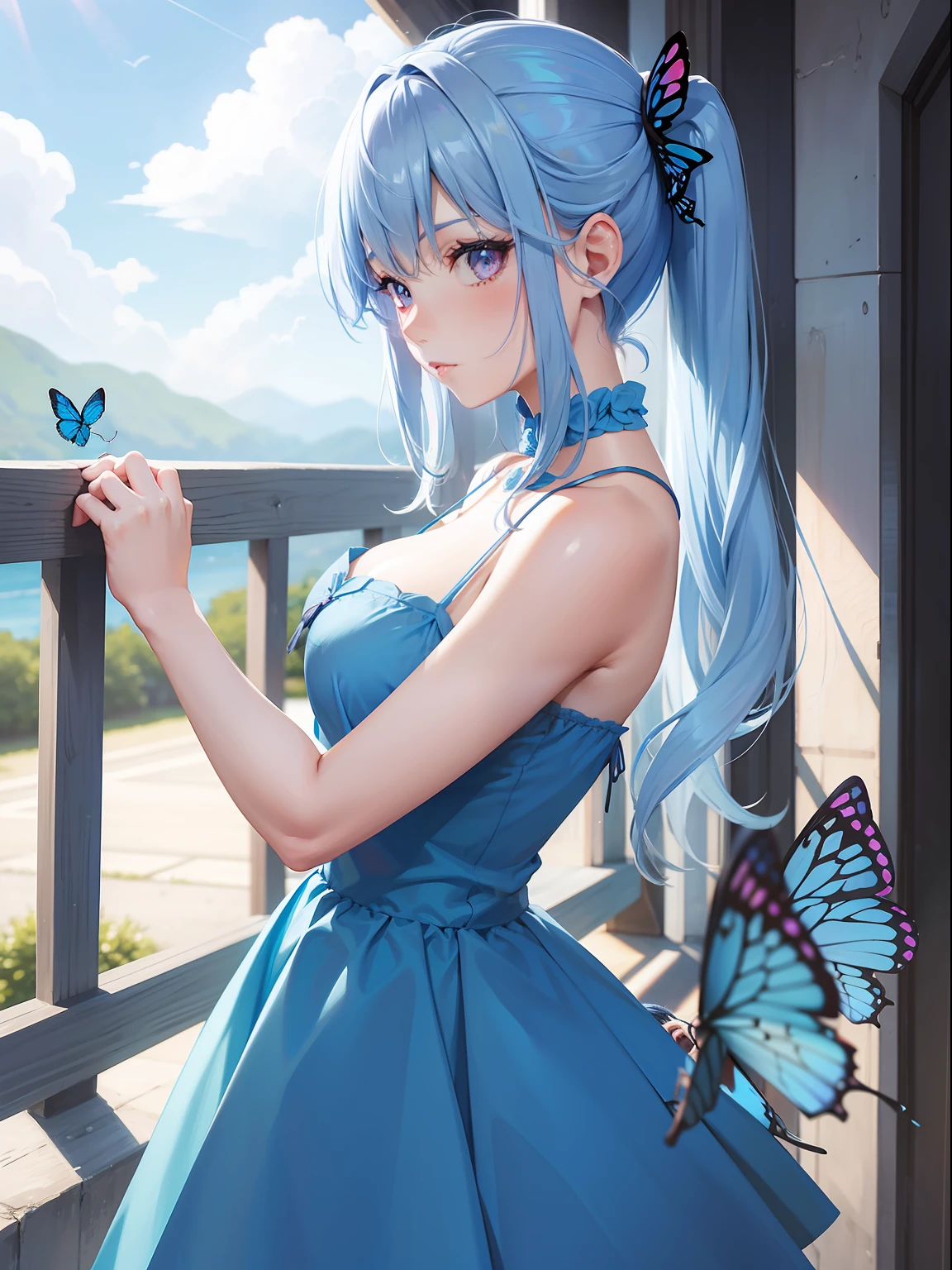 a women, blue butterfly, blue hair, pink eyes, blue dress