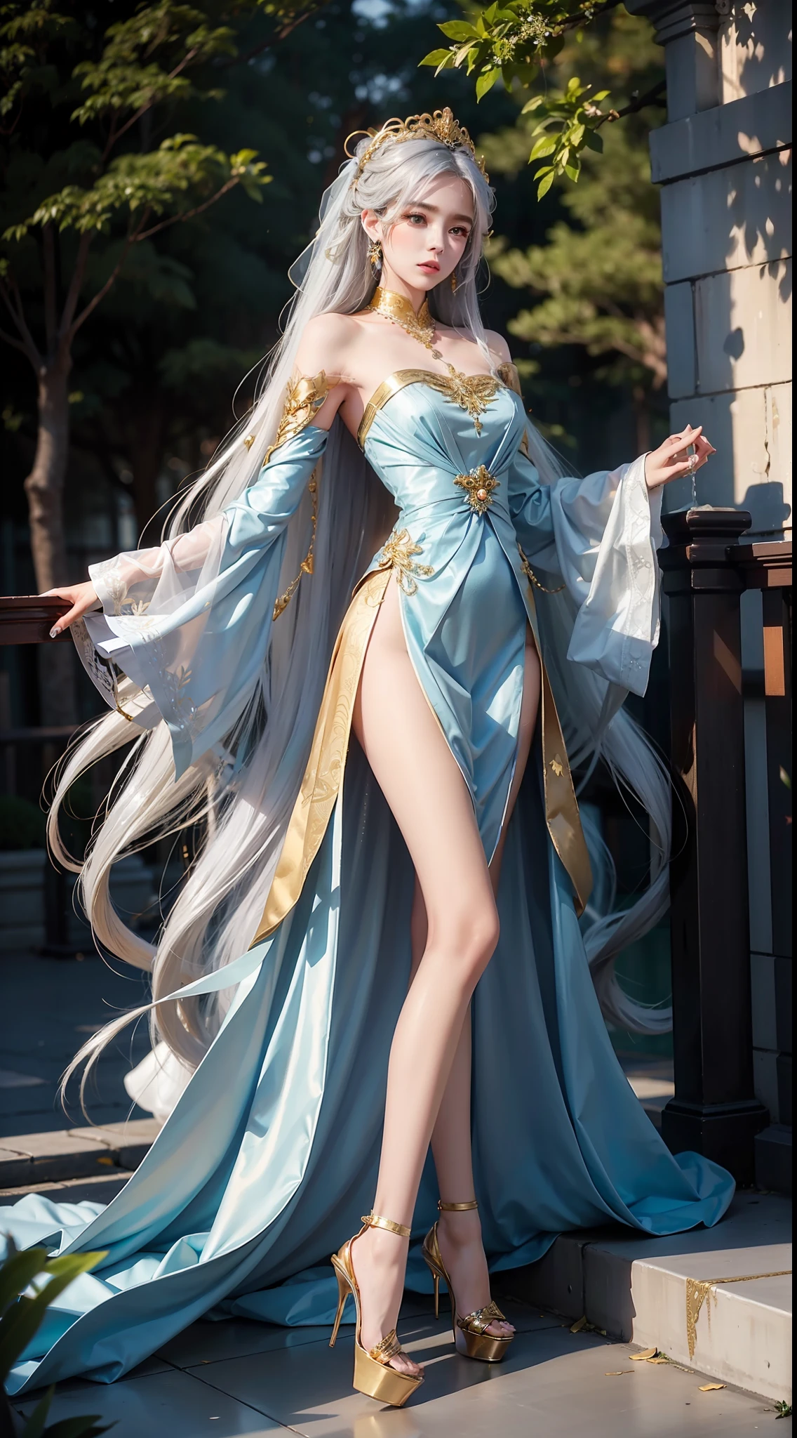Gold pattern wedding dress,gleaming in the sunlight,Kizi,Silver hair ornament,cropped shoulders,Long blue wavy hair that reaches the waist,Gold-tone high heels,Long legs,blackstockings,独奏
