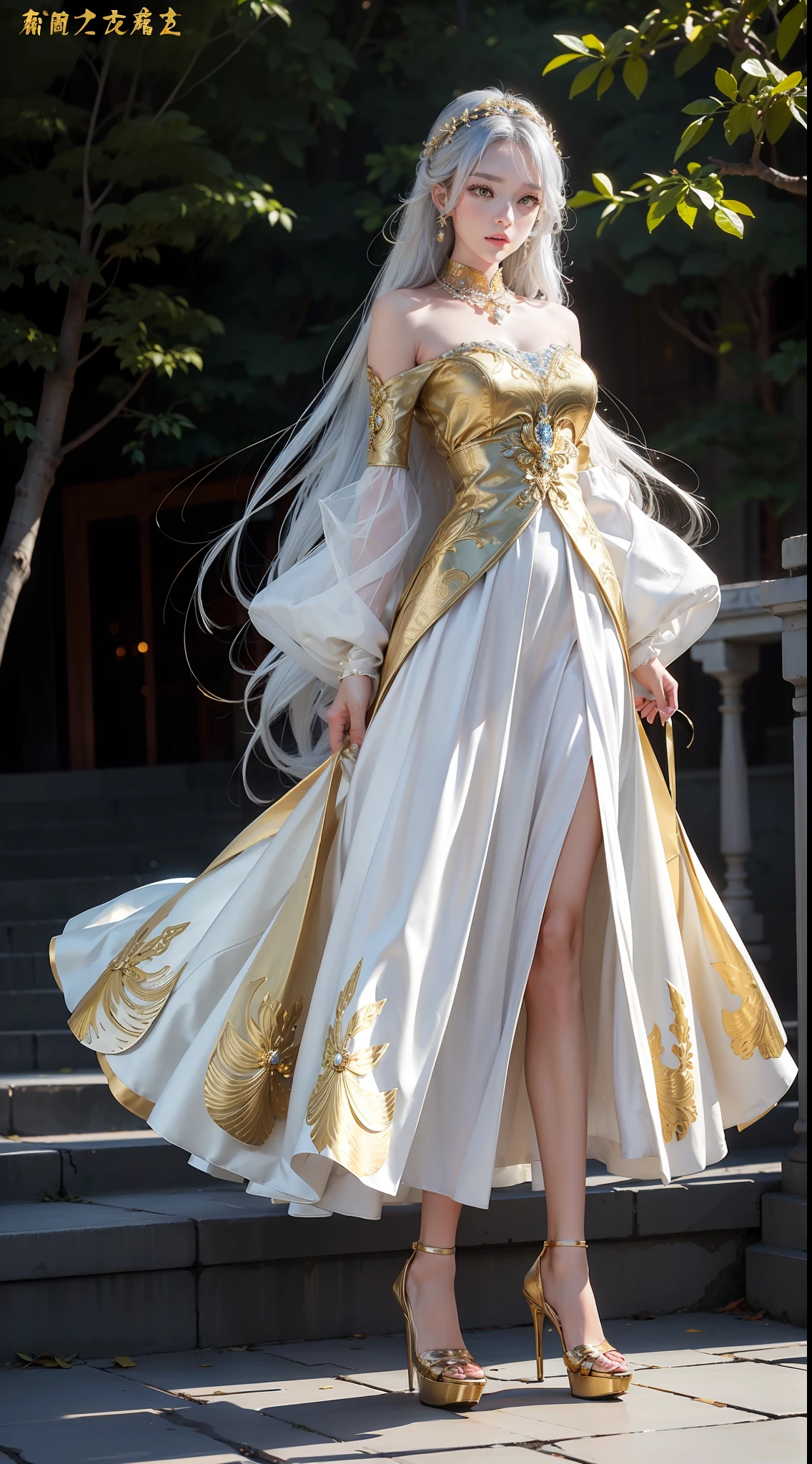 Gold pattern wedding dress，gleaming in the sunlight，Kizi，Silver hair ornament，cropped shoulders，Long blue wavy hair that reaches the waist，Gold-tone high heels，Long legs，blackstockings，独奏