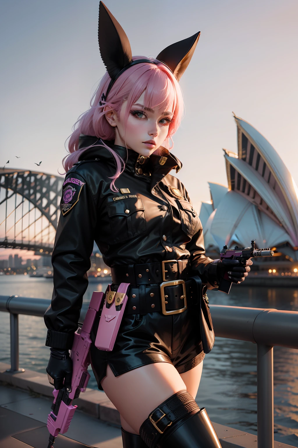 edgBunny，police officers，black cloaths，Gold boots，the sydney opera house，pink-sky，With a pistol in hand，Belt walkie-talkie