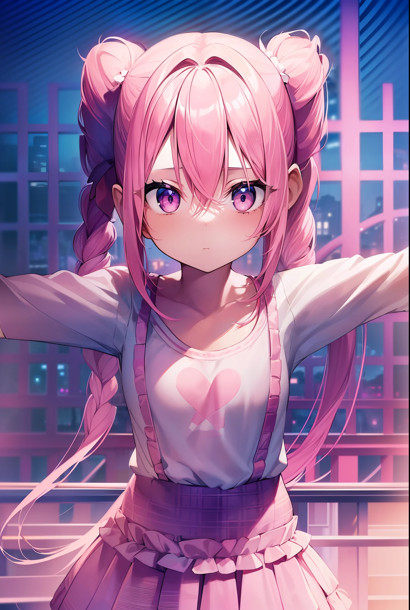 1girl. pink hair.long hair.twintails.{}.(short stature).small breast.white t-shirts.skirt. (((masterpiece))).(((best quality))).)((ultra-detailed))).(((illustration))). (((Spread your arms))).(((night view))).(((1girl))).