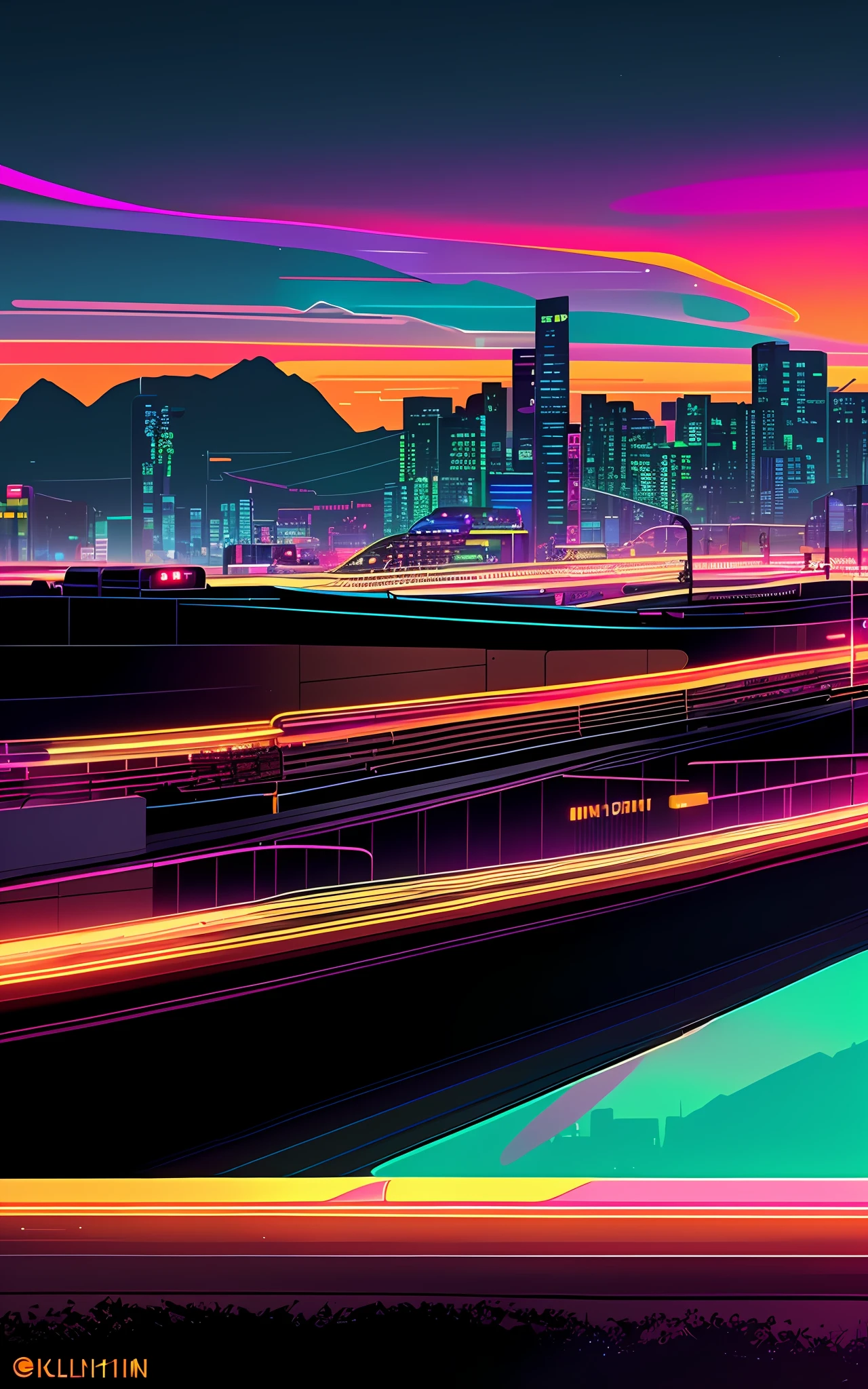 In the brightly lit city skyline、Night Street Train, neon lines, Kilian Ann Vivid Colors, Kilian English Bright Colors, Vibrant city lights, bastien grivet, art deco outrun anime aesthestic, ultra-detailed digital art, retrowave art, epic retrowave art, masterpiece epic retrowave art, Neon City, neon tokyo