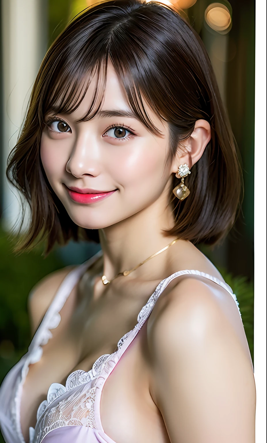 (Raw photography:1.2)、top-quality、Super Real、a beautiful detailed girl、Underwear、Purple lace underwear、a smile、short-hair、Layer cutting、extremely detailed eye and face、beatiful detailed eyes、hight resolution、8k wallpaper、finely detail、Highly detailed ticker uniform 8K wallpaper、Light on the Face、电影灯光、28-year-old girl、sexy  pose、(photorealisim:1.4)、illustratio、super detailing、Open legs、Long Earings、a necklace