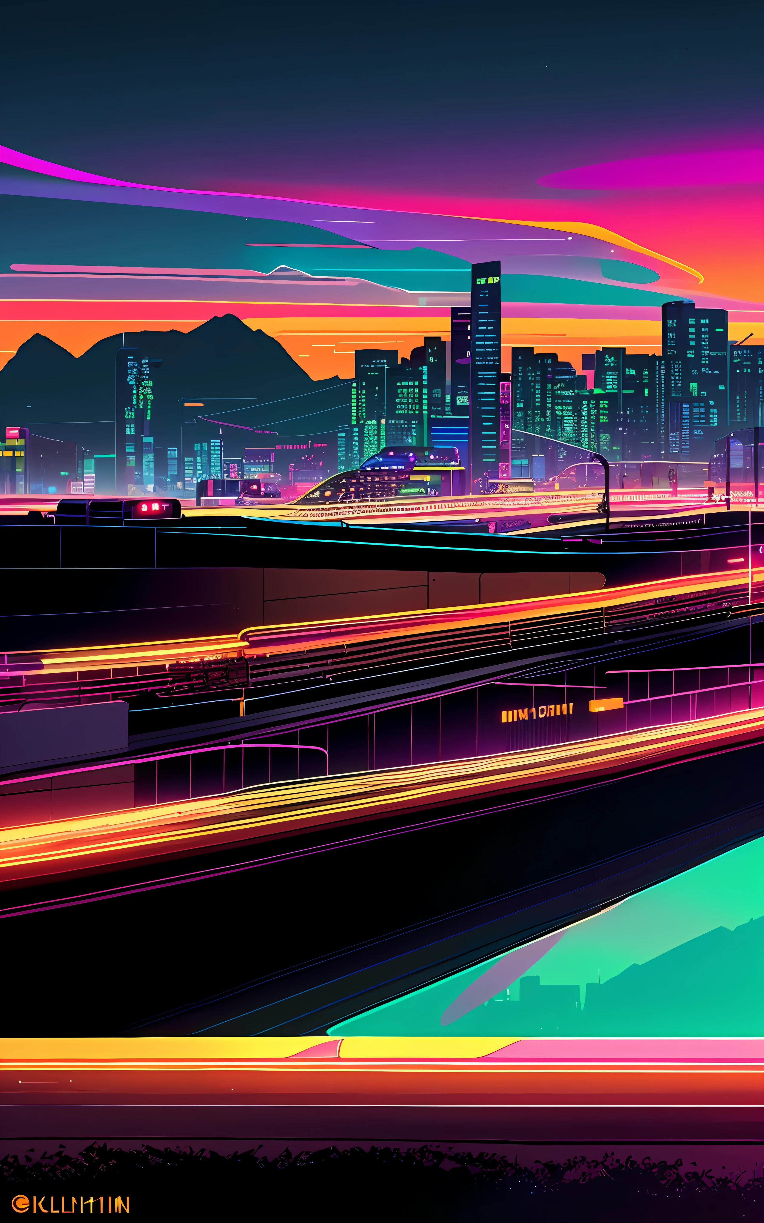 In the brightly lit city skyline、Night Street Train, neon lines, Kilian Ann Vivid Colors, Kilian English Bright Colors, Vibrant city lights, bastien grivet, art deco outrun anime aesthestic, ultra-detailed digital art, retrowave art, epic retrowave art, masterpiece epic retrowave art, Neon City, neon tokyo