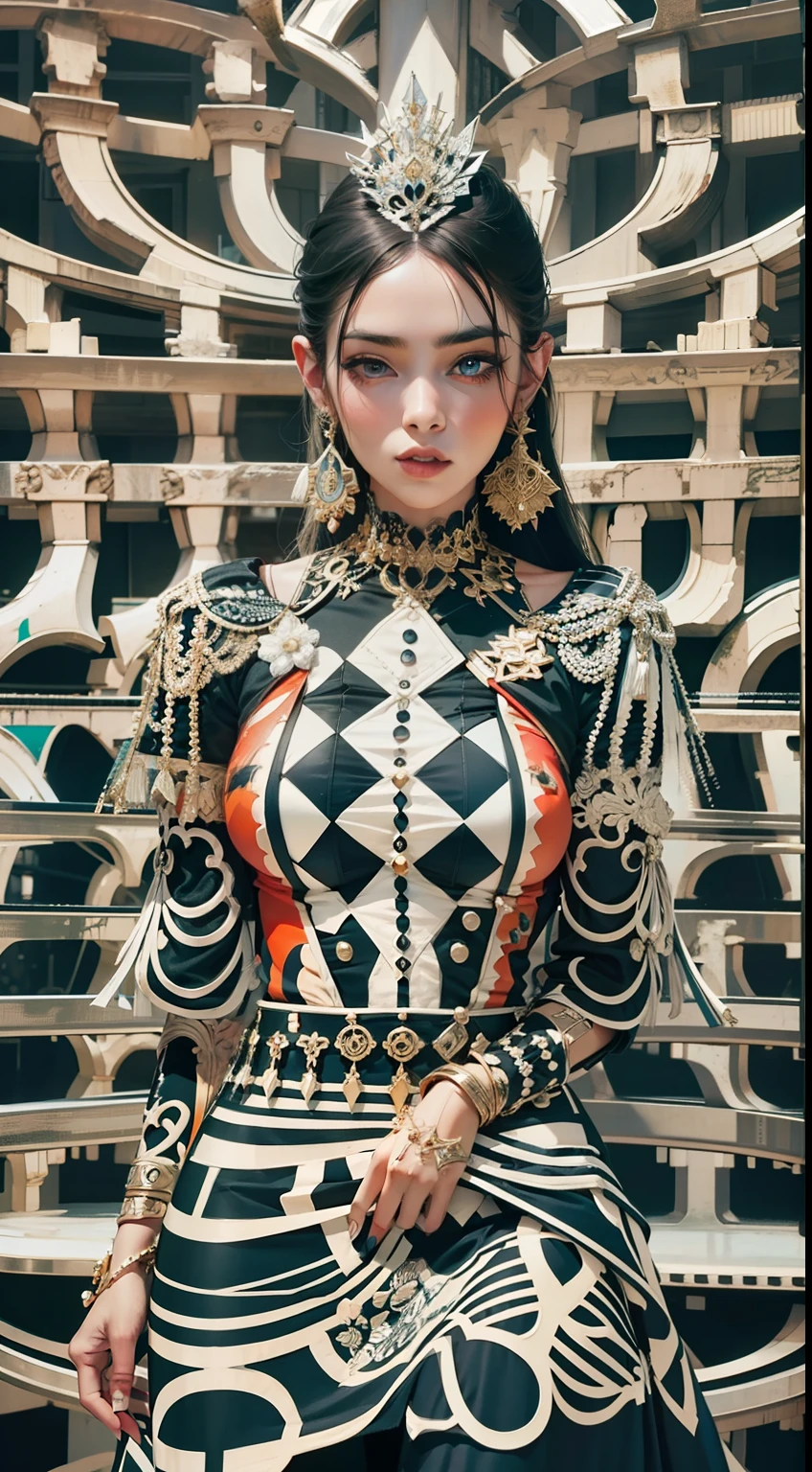 Beautiful woman in intricate Bold and Graphic Outfit