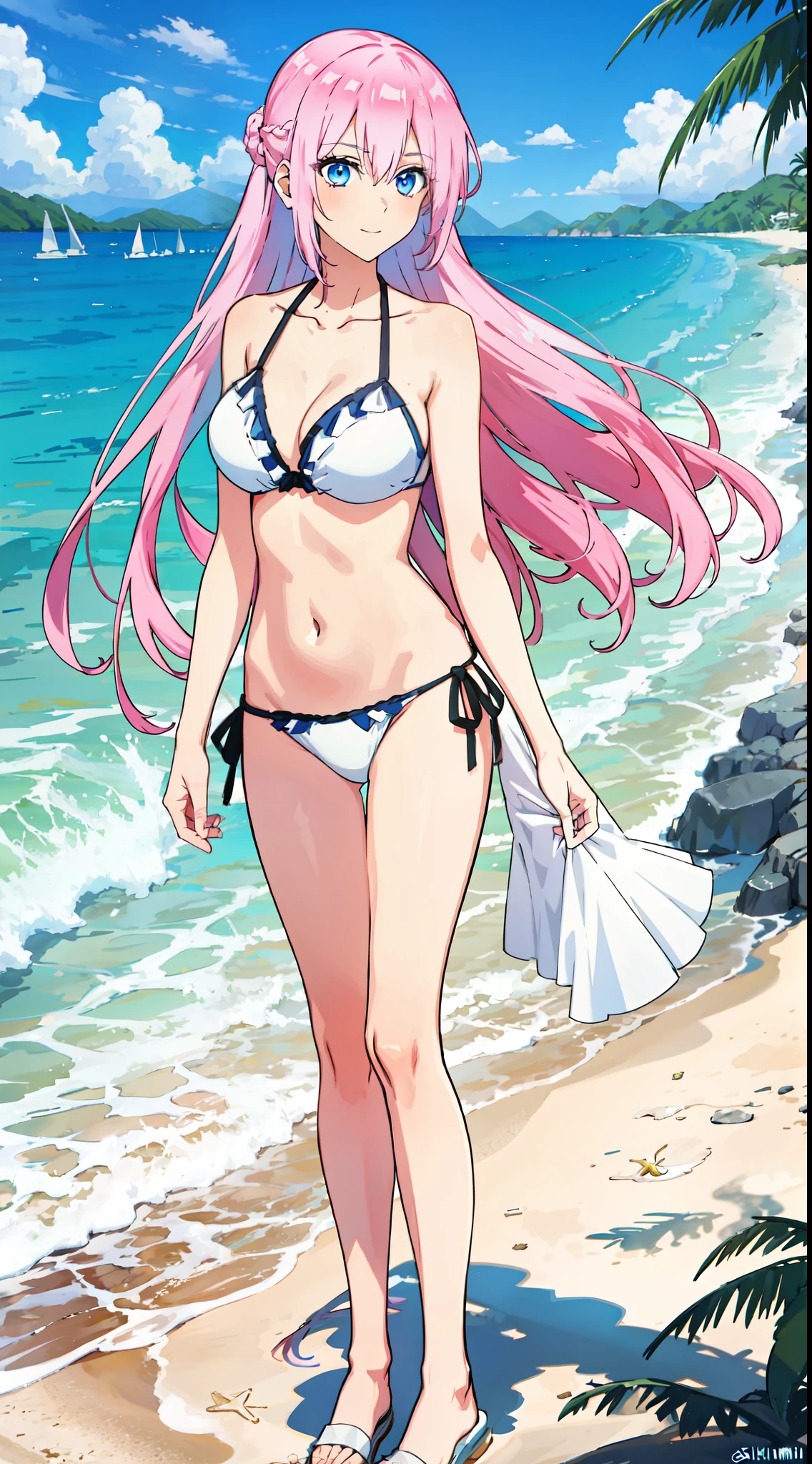 shikimori, slim legs,  beautiful eyes, blue eyes, nervous, pink hair, long hair, white side tie bikini, beach