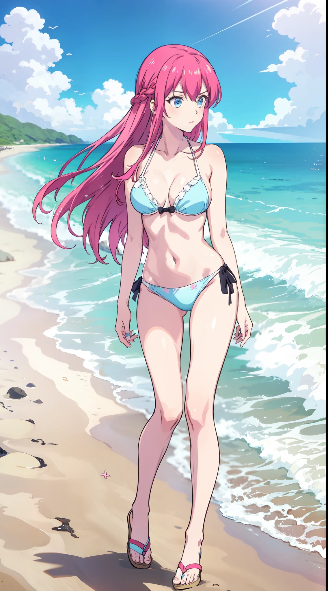 shikimori, slim legs, beautiful eyes, blue eyes, nervous, pink hair, long hair, white side tie bikini, beach