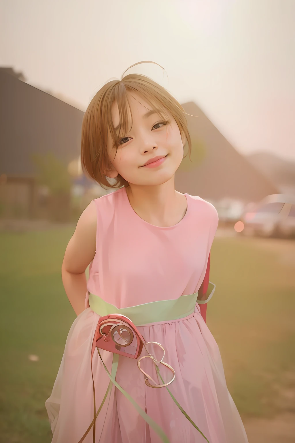 There was a woman in a red jacket standing in front of a building, With sunset, with a beautiful smile, vibrant sky, with kind face, with short hair, with cute - fine - face, hot with shining sun, with a lovely appearance, with accurate face, Photo Hot, portait photo profile picture, Chinese girl, photo taken with canon 5d