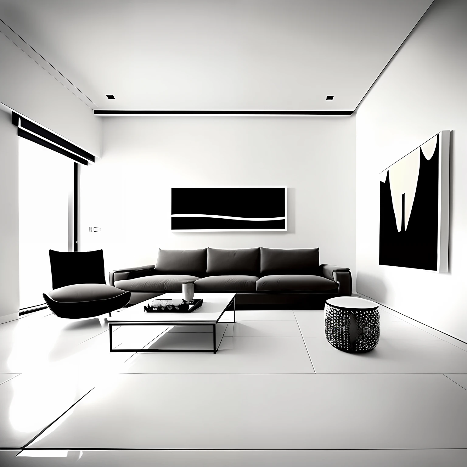 Modern interior design living room，white wall，  minimal style，Huge living room
