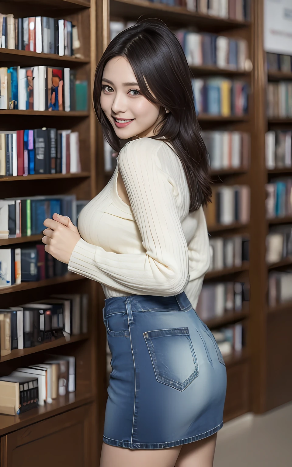 Highly detailed CG Unity 8k wallpaper, of the highest quality, super detailed, masutepiece, Realistic, Photorealistic, extremely detailed cute girl, 25 years old,  (Mini skirt denim:1.3), (Sleeveless sweater )  ,   Smile,  Parted lips, Round eyes, Large breasts, viewer, Half body shot , bookstore ,  , Wavy Hair , From below , ass shot