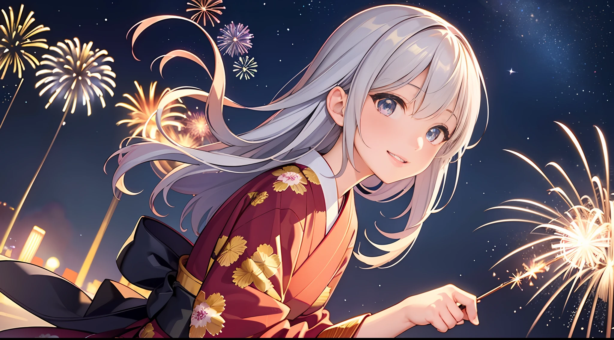 (Masterpiece, top quality, highly detailed CG, beautiful detailed eyes, super detailed, intricate details:1.2), 8k wallpapers, elaborate features,
(1 person, solo:1.4)perfect cartoon illustration,(1 person, solo:1.4)
(realistic textures:0.8), high res, cute, (vivid colors, dynamic lighting:1.0), (high contrast:0.8),
perfect anime illustration、girl with、A big smile、pretty skin、The silhouette of the entire body can be seen through、sparklers、Thin yukata、geta、Fireworks in the night sky、skyrocket、The place is a fireworks display、Time is night、Sunnyday、Turn around、So that the whole body goes into the illustration