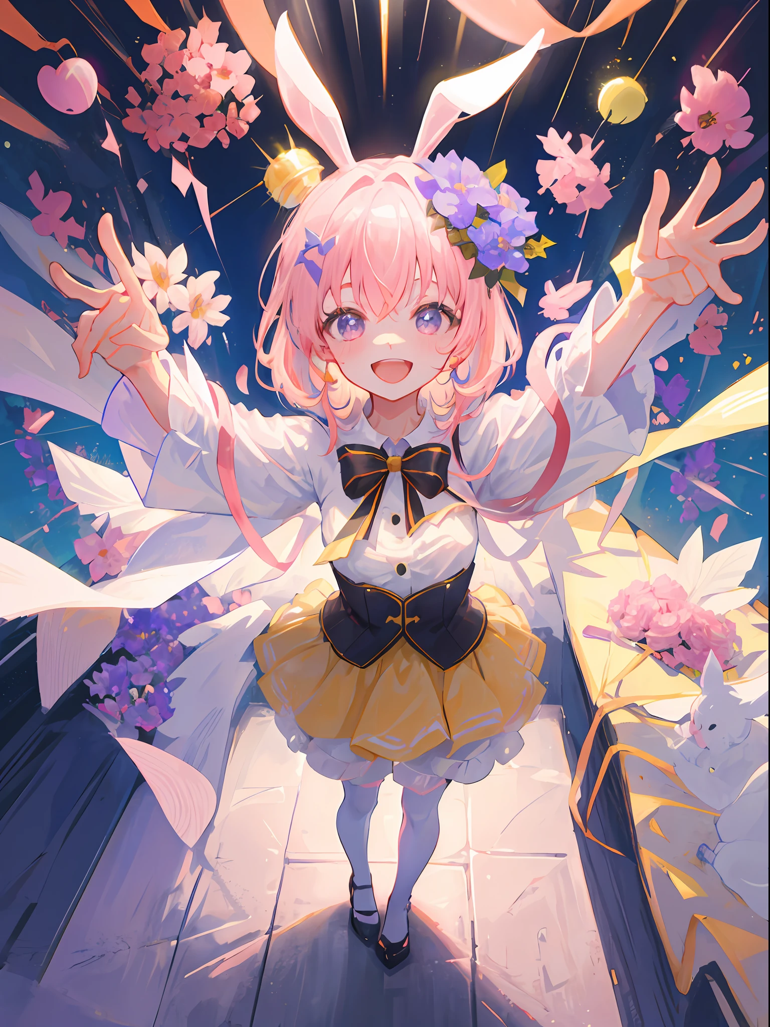 1girl, beautiful eye, smile, celebratory bunny girl Ayanami Rei, joyful and blessed expression, thin eyebrows, pink and white bunny suit, short, wavy light purple hair in a wolf cut, bright purple eyes, pose holding a bouquet of flowers in both hands, short fluffy bunny tail, long bunny ears with a bow, background of a bright indoor party, cheerful party balloons, pink high heels, white stockings, cuffs and collar perfectly in place, hands gently cradling a bouquet of vibrant flowers, warm indoor lighting casting soft shadows, her gaze full of genuine joy, party decorations in the background, sound of laughter and merriment filling the air, her figure framed by the festive atmosphere, a radiant smile that lights up her face, hint of joy and excitement in her stance, her eyes sparkling with happiness, the flowers in her hands a pop of color against her bunny suit, atmosphere of pure celebration and joy, her figure standing out amidst the celebration, the focus of everyone's well-wishes and blessings, an image of pure jubilation and celebration, a picture of the joyous side of life, welcoming the festive spirit with open arms, her radiance matching the cheerful atmosphere, her happy demeanor contagious, a beautiful moment of joy and celebration,