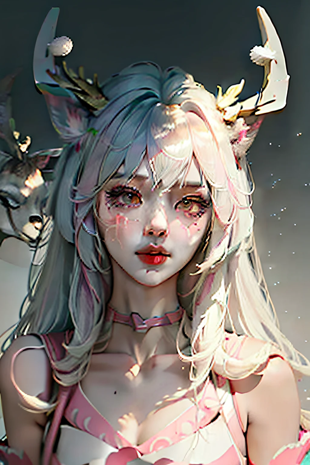 solid circle eyes, Ear blush, Blue hair, ahoge, Long hair, sweeping bangs, Heart-shaped pupils, wince, deer antlers, saliva, Tongue stock, surrealism, shadowing, anaglyph, stereograms, tachi-e, angle of view, Atmospheric perspective, Ray tracing, shadowing, first person perspective, 8K, Super detail, ccurate, Best quality, hyper HD, Textured skin, A high resolution
