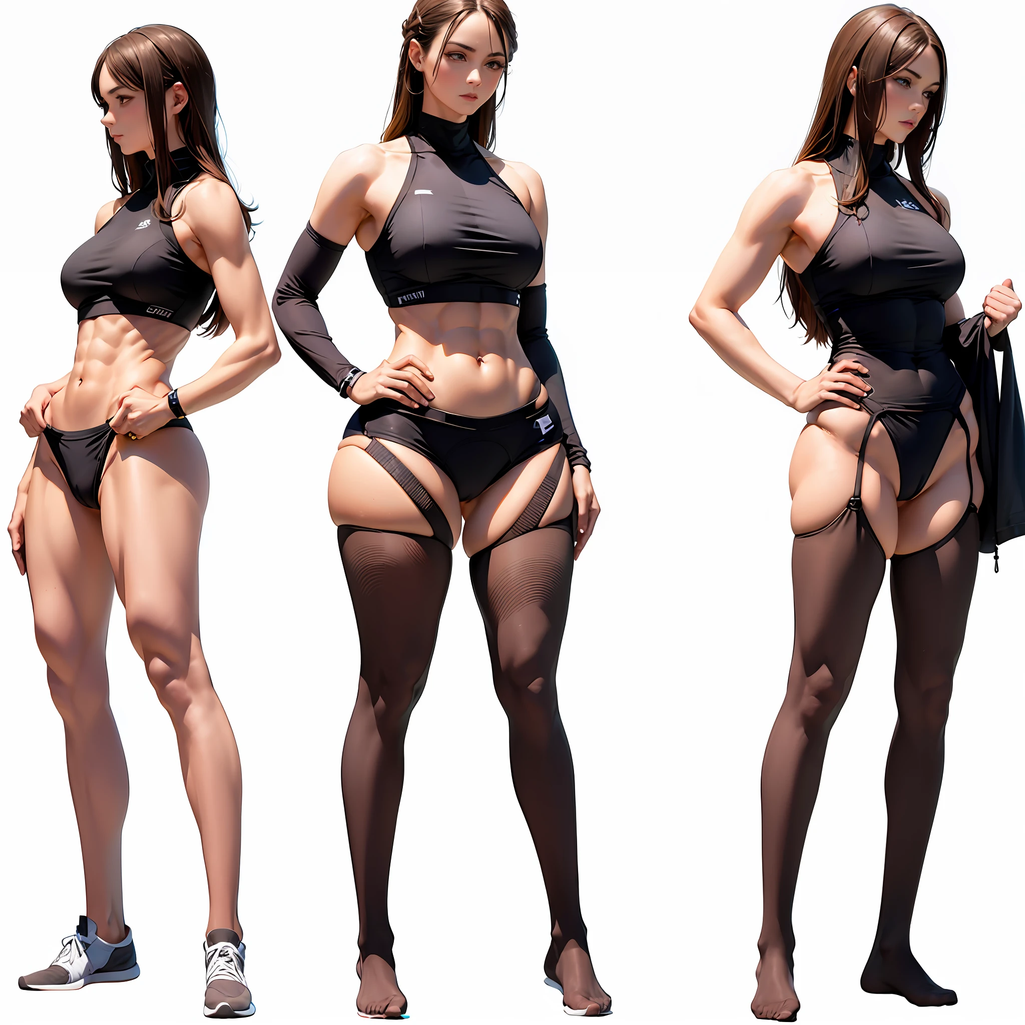 body builder， musuclar， Sexy tight tracksuit， big assa， 1 mature woman， strong shoulders， shapely body，flat belly，perfect proportion of body，Long russet hair， tmasterpiece， Best quality at best， shoe， full bodyesbian， Take photos in a fitness pose， beautifully color-coded， sockes， Tight hip tight shorts，white backgrounid， Studio， looks away