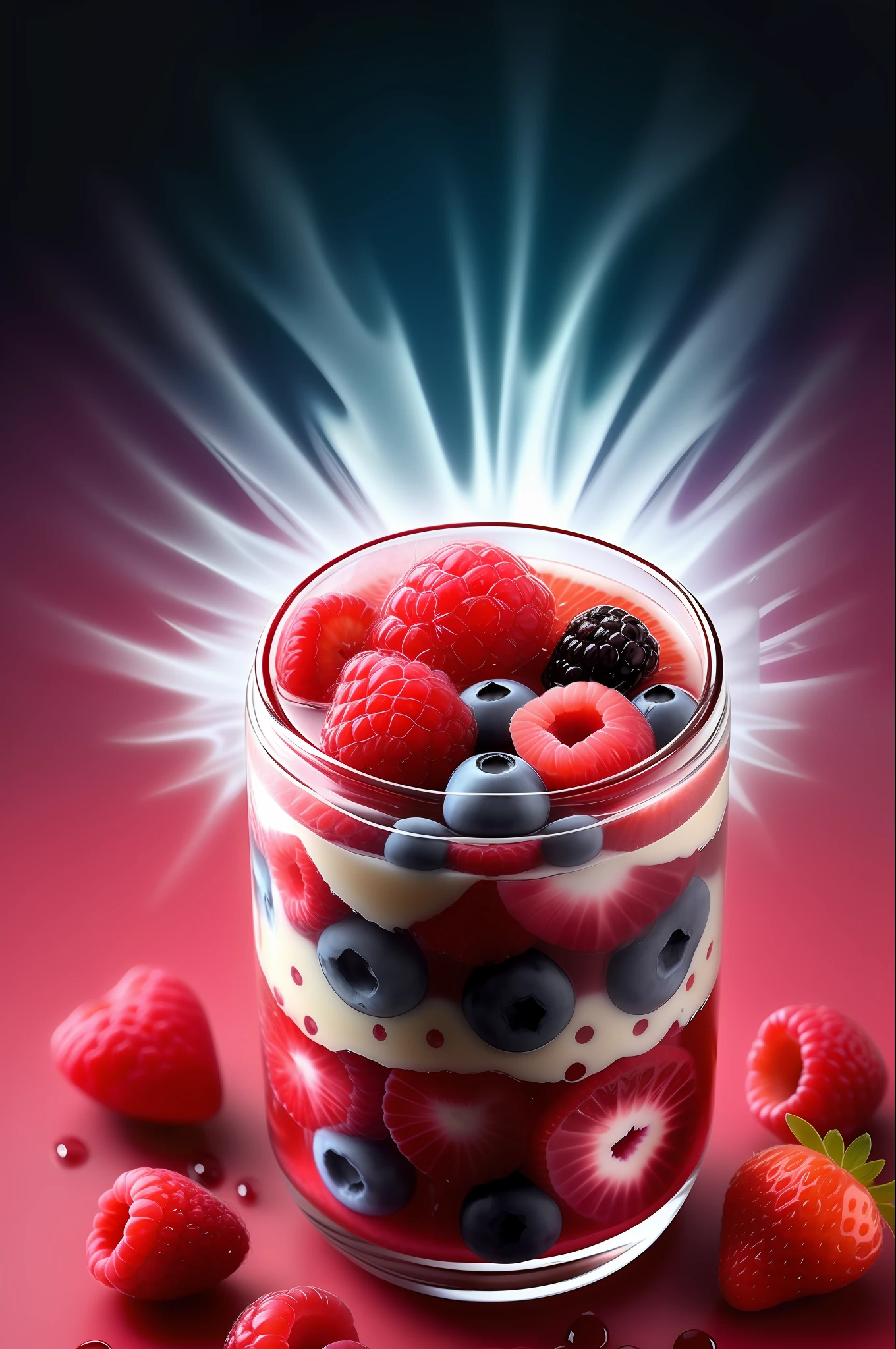 energy drink, with sliced mix fruit and berries and raindrops