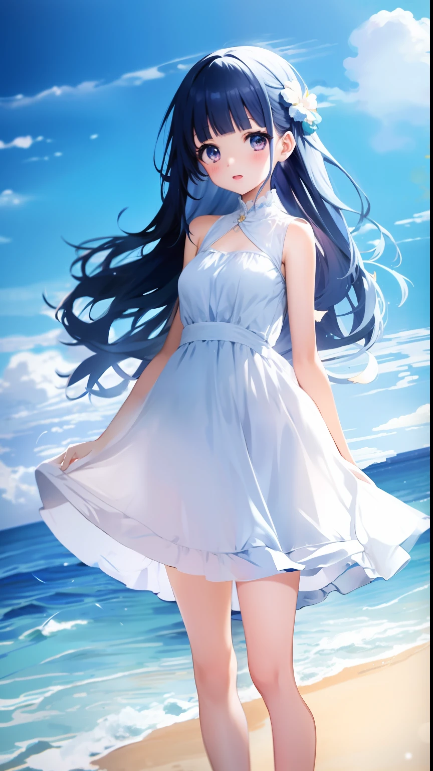 Anime girl standing on beach with blue sky in white dress, loli in dress, cute anime waifu in a nice dress, floating dress, anime visual of a cute girl, Guviz, Beautiful anime, Beautiful anime artwork, Beautiful anime art, Anime girl with long hair, Beautiful anime girl, Guweiz in Pixiv ArtStation