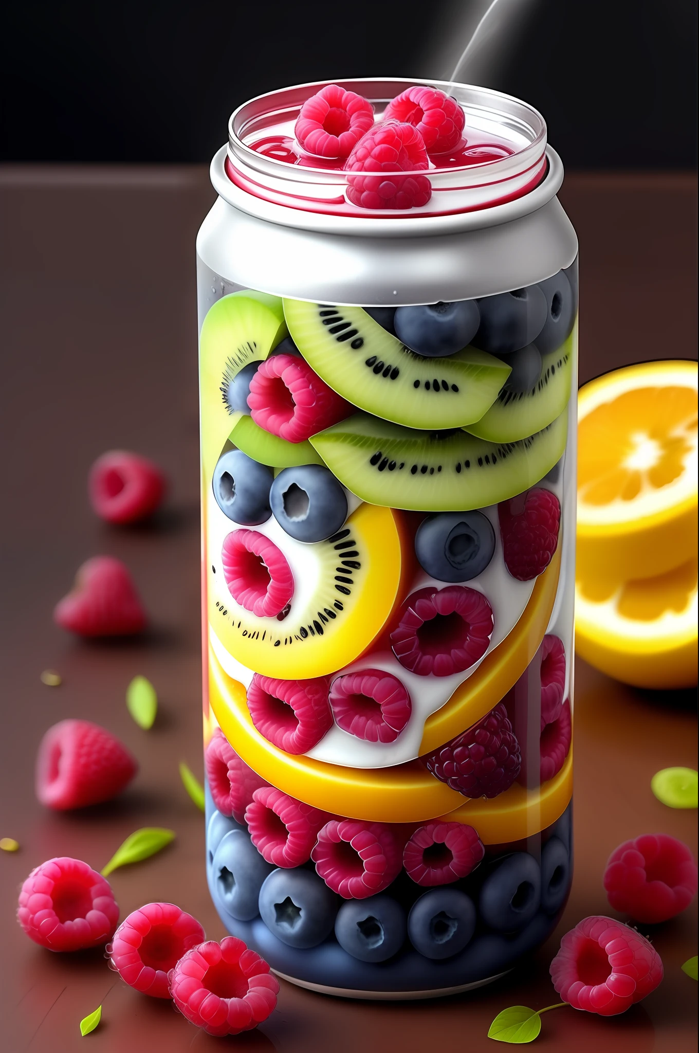 energy drink, with sliced mix fruit and berries and raindrops