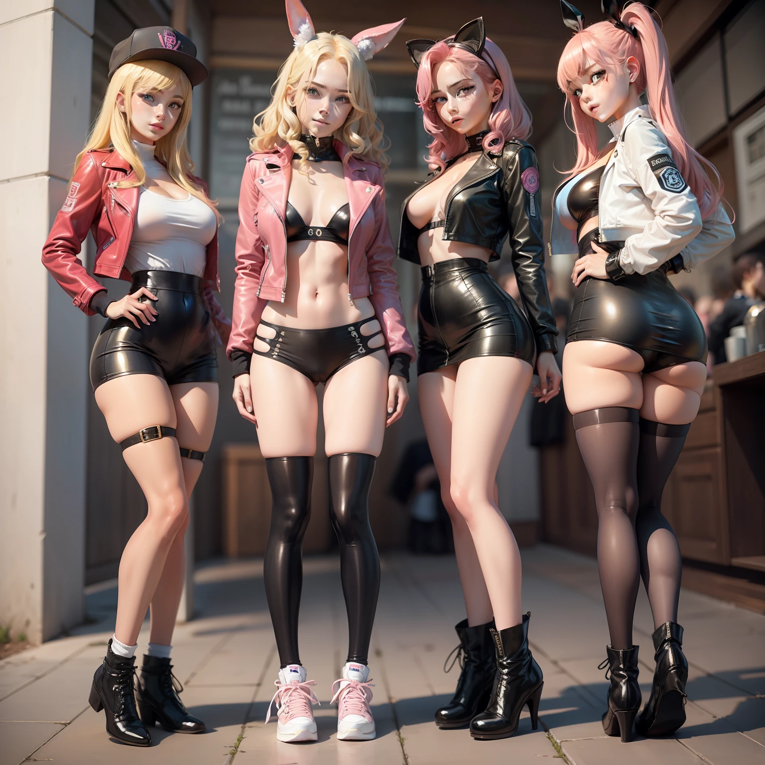 harems　Multiple girls are depicted　a smile　a blond　Pink hair　leather jackets　blue eyess　top-quality　​masterpiece　超A high resolution　Bodysuits　Loose Socks